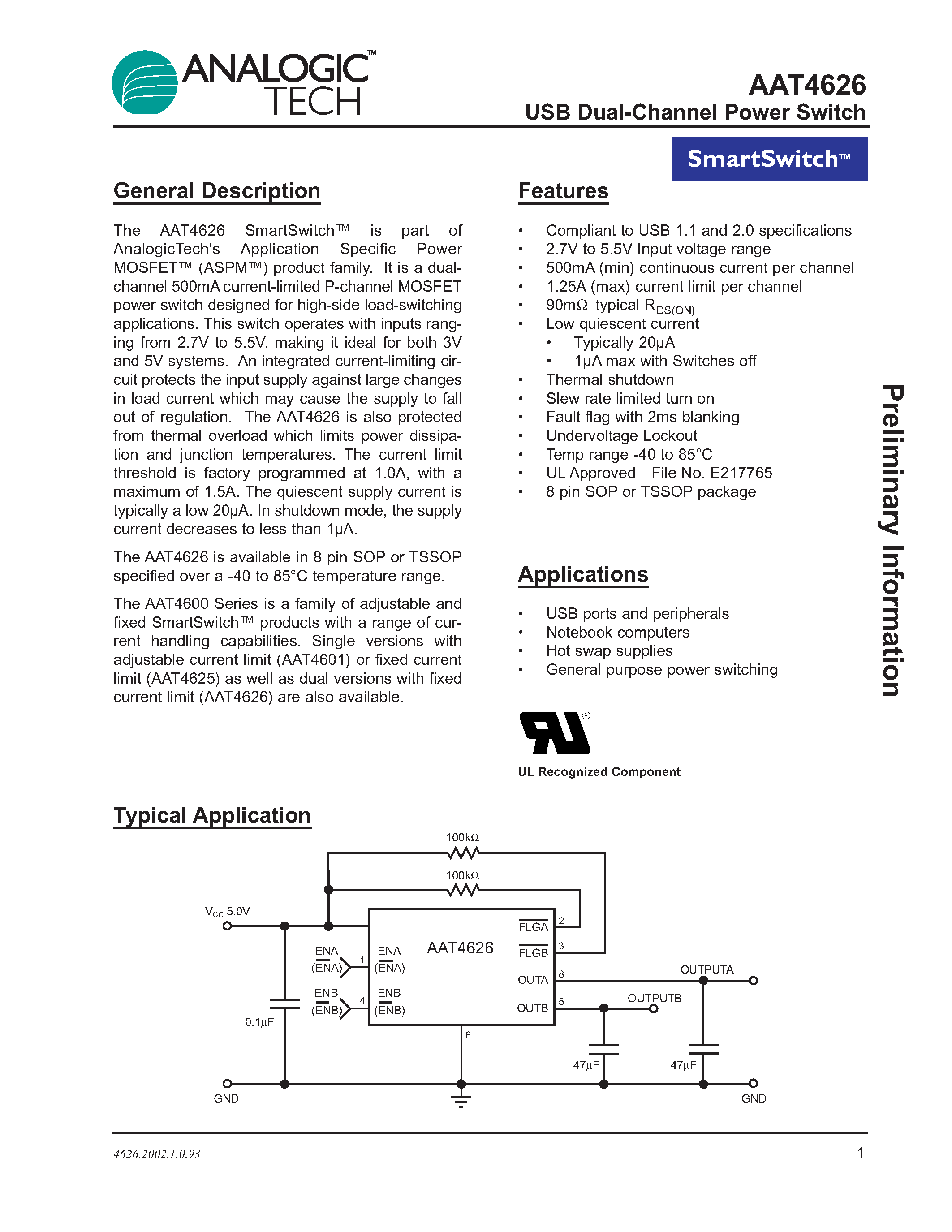Datasheet AAT4626 - USB Dual-Channel Power Switch page 1