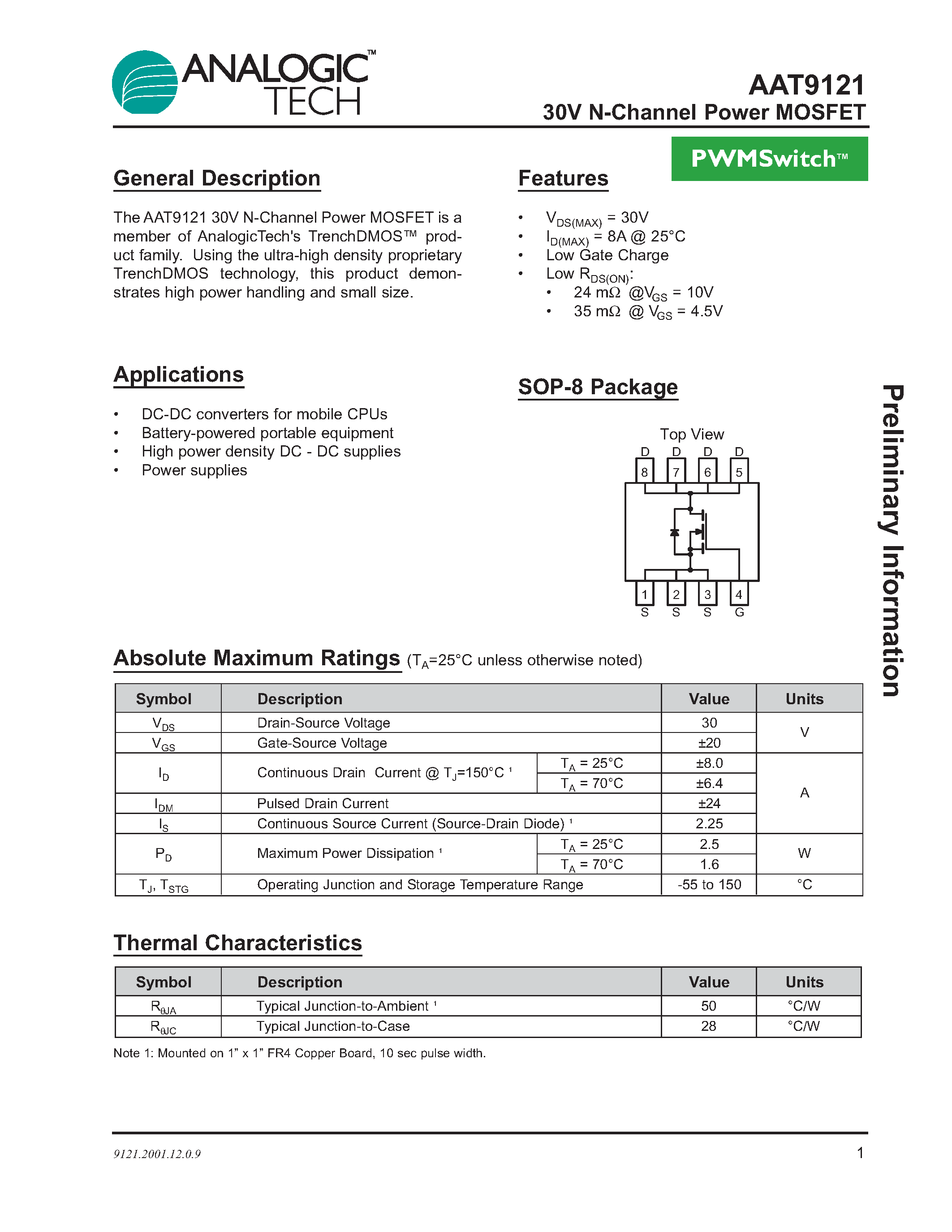 Datasheet AAT9121 - 30V N-Channel Power MOSFET page 1