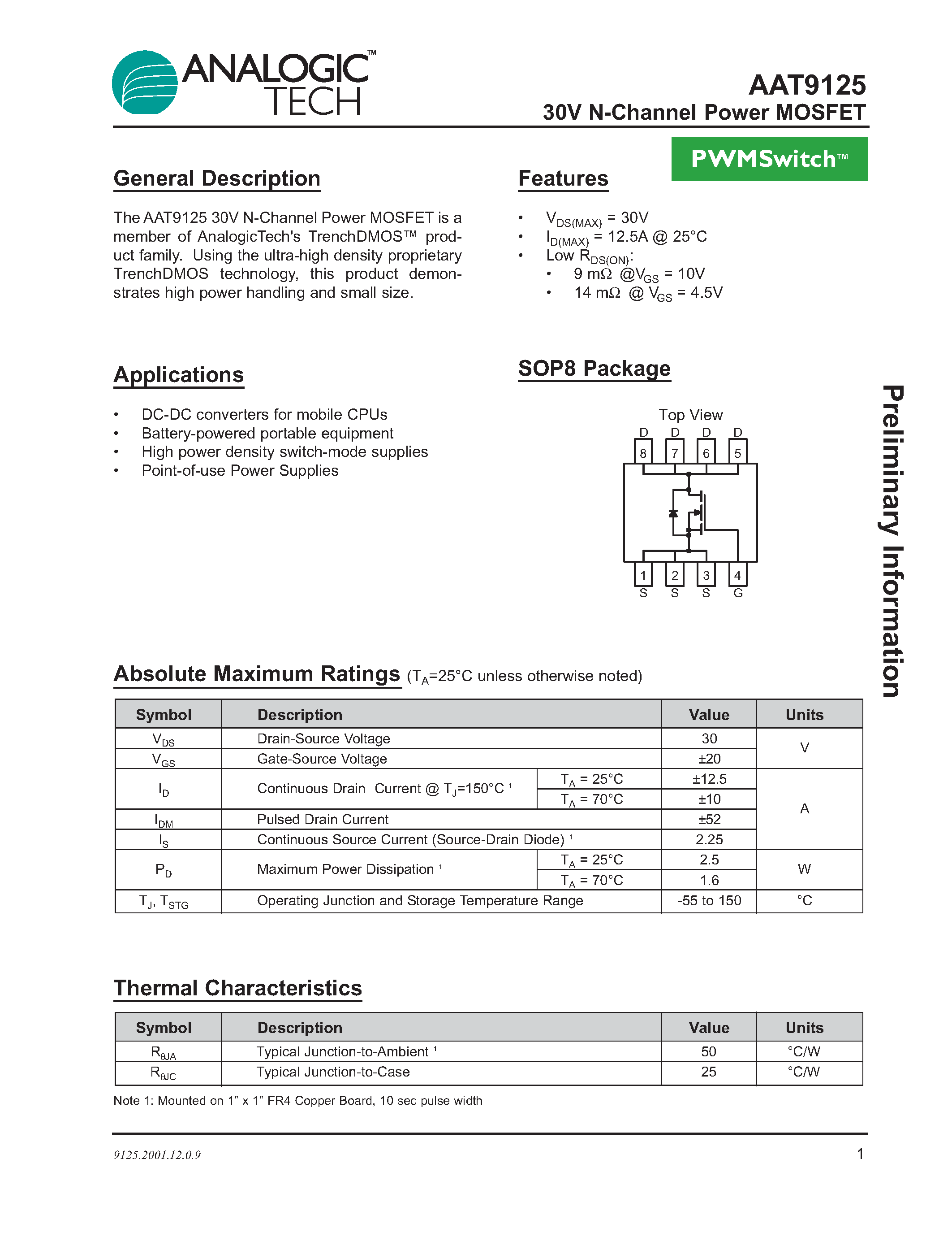 Datasheet AAT9125IAS-B1 - 30V N-Channel Power MOSFET page 1