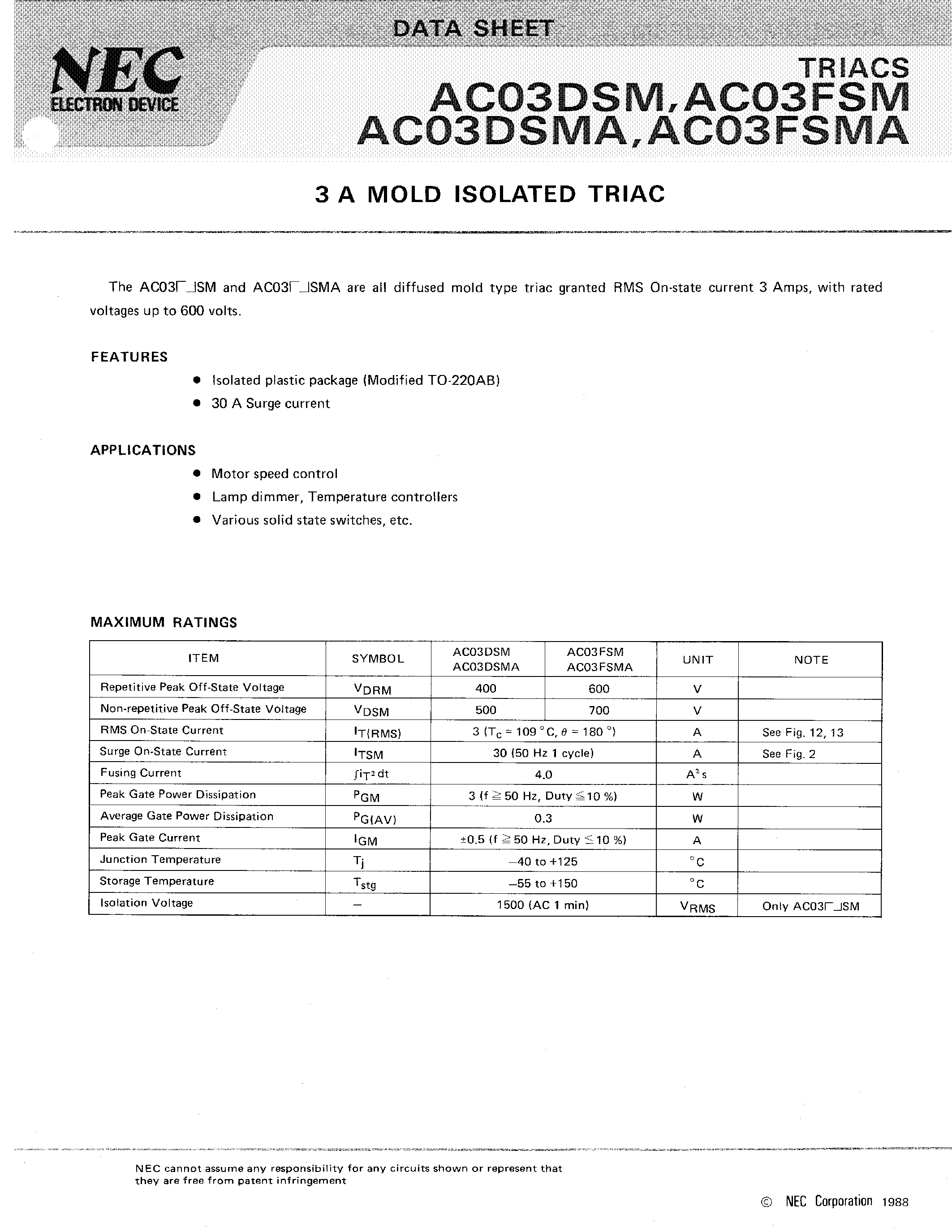 Datasheet AC03DSMA - 3 A MOLD ISOLATED TRIAC page 1