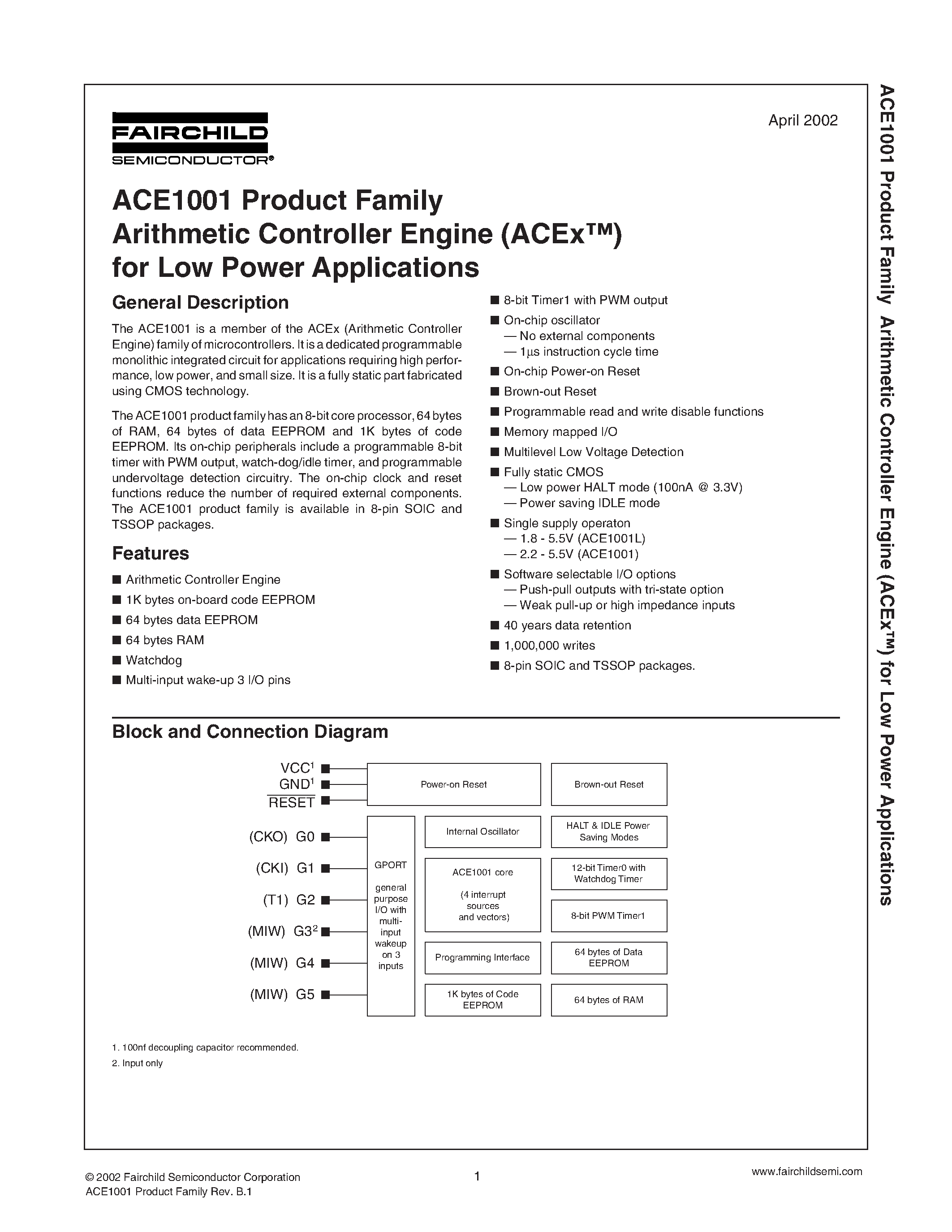 Datasheet ACE1001L - Arithmetic Controller Engine (ACEx) for Low Power Applications page 1