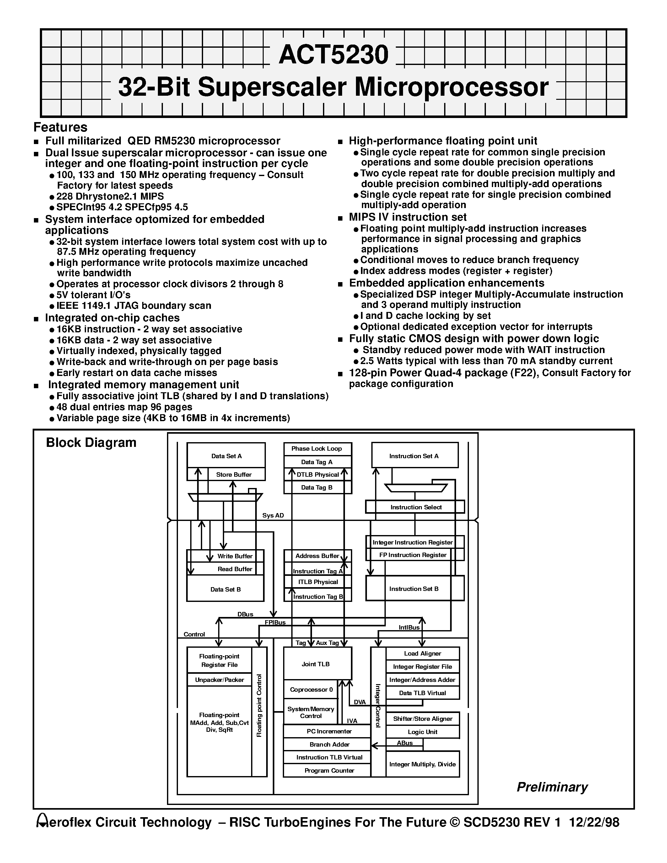 Datasheet ACT-5230PC-133F22M - ACT5230 32-Bit Superscaler Microprocessor page 1