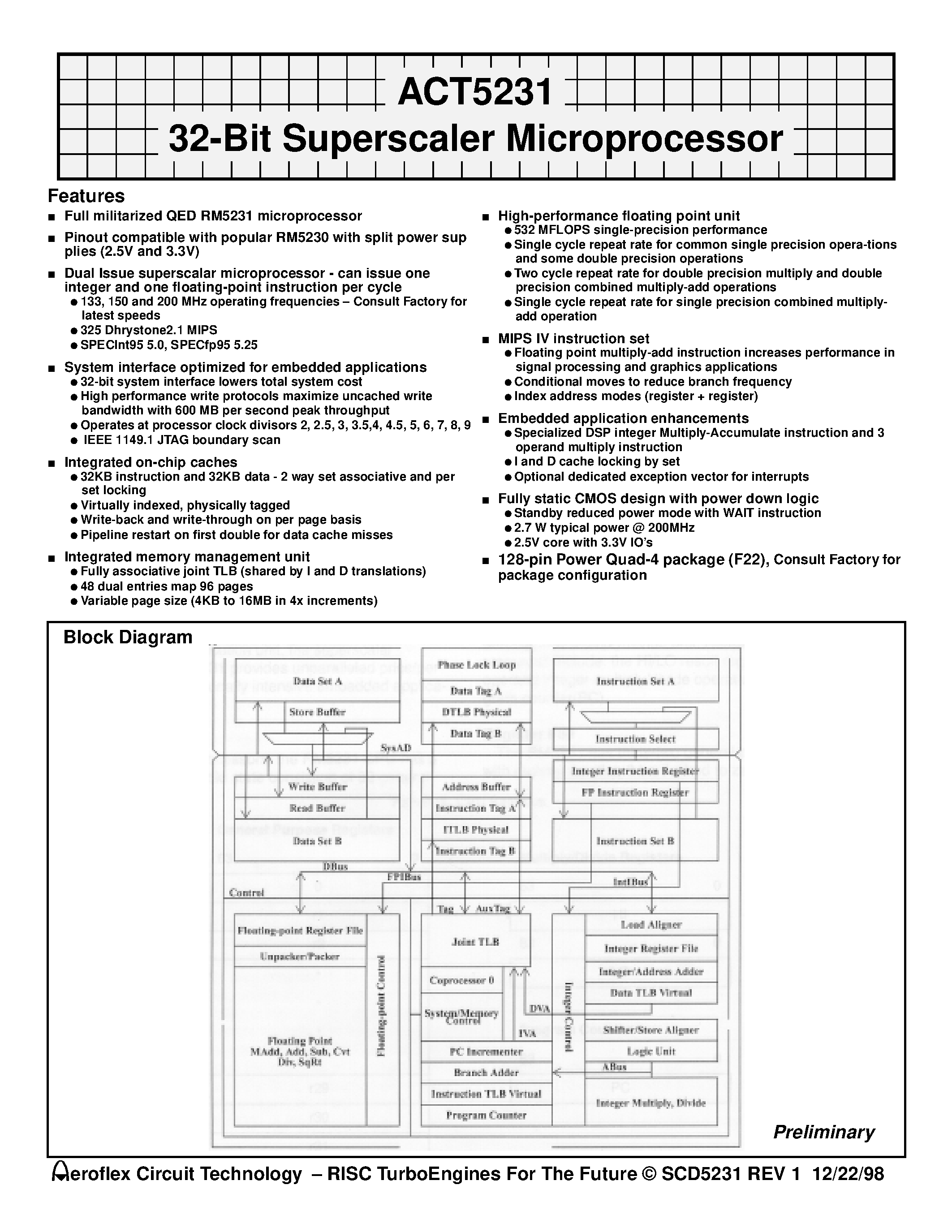 Даташит ACT-5231PC-133F22C - ACT5231 32-Bit Superscaler Microprocessor страница 1