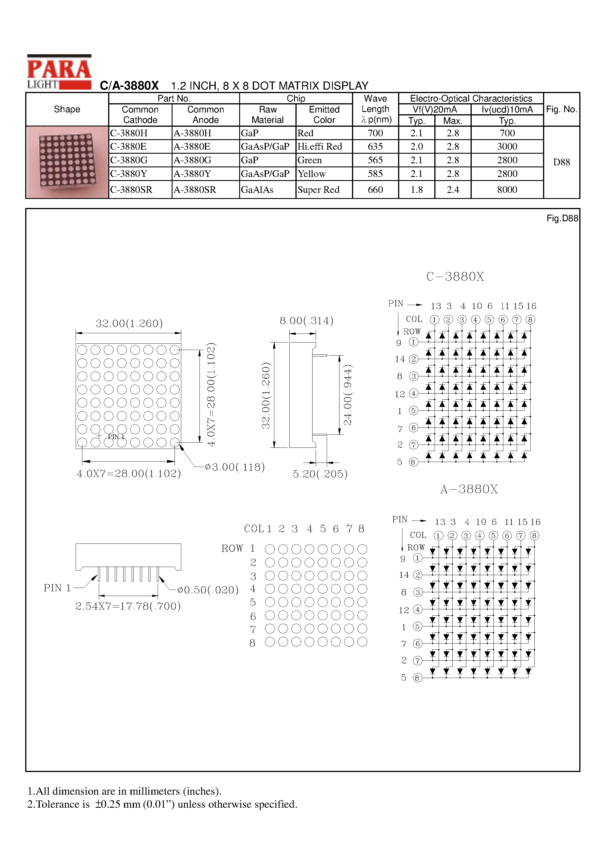 Datasheet A-3880G - 1.2 INCH/ 8 X 8 DOT MATRIX DISPLAY page 1