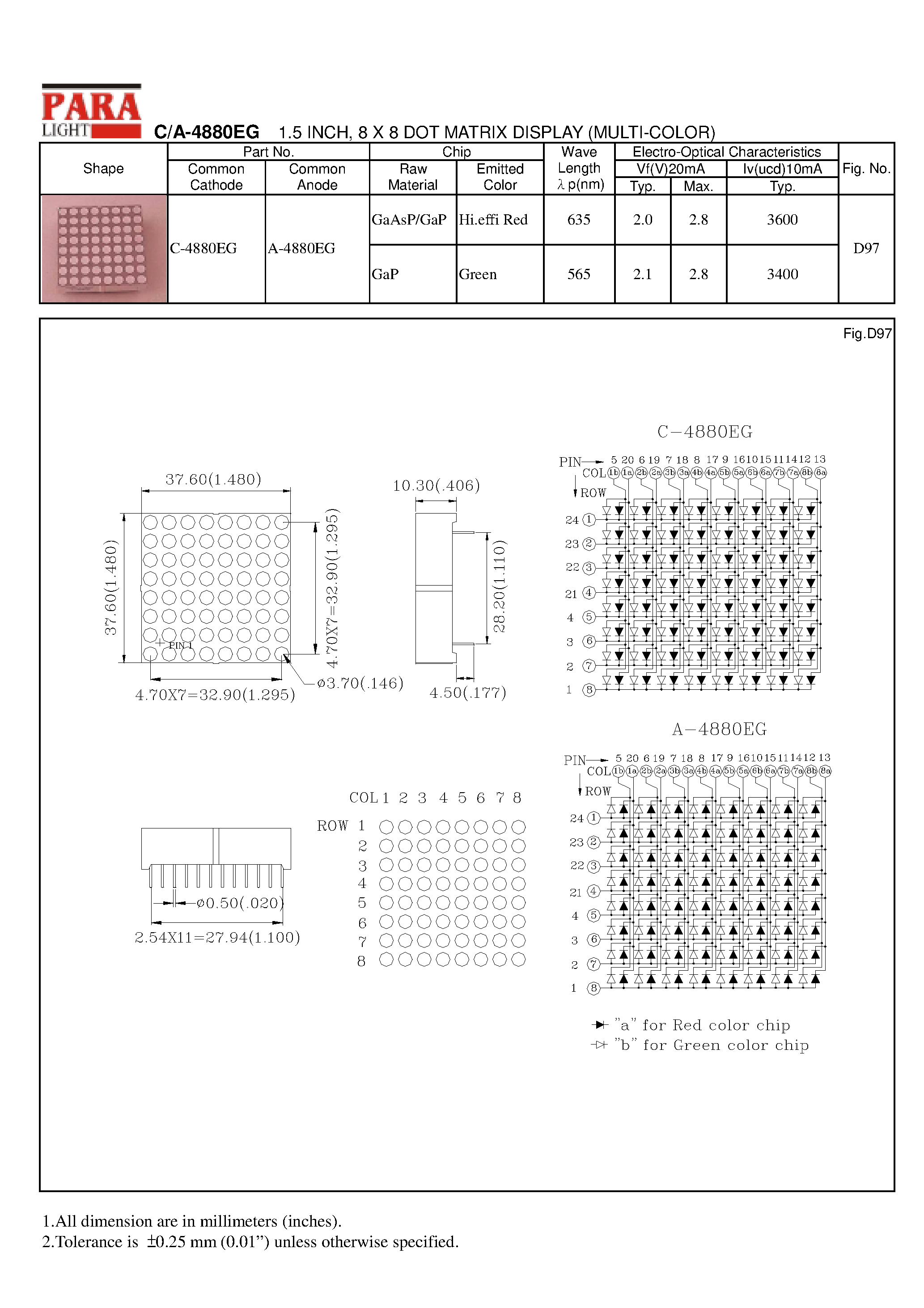 Datasheet A-4880EG - 1.5 INCH/ 8 X 8 DOT MATRIX DISPLAY (MULTI-COLOR) page 1