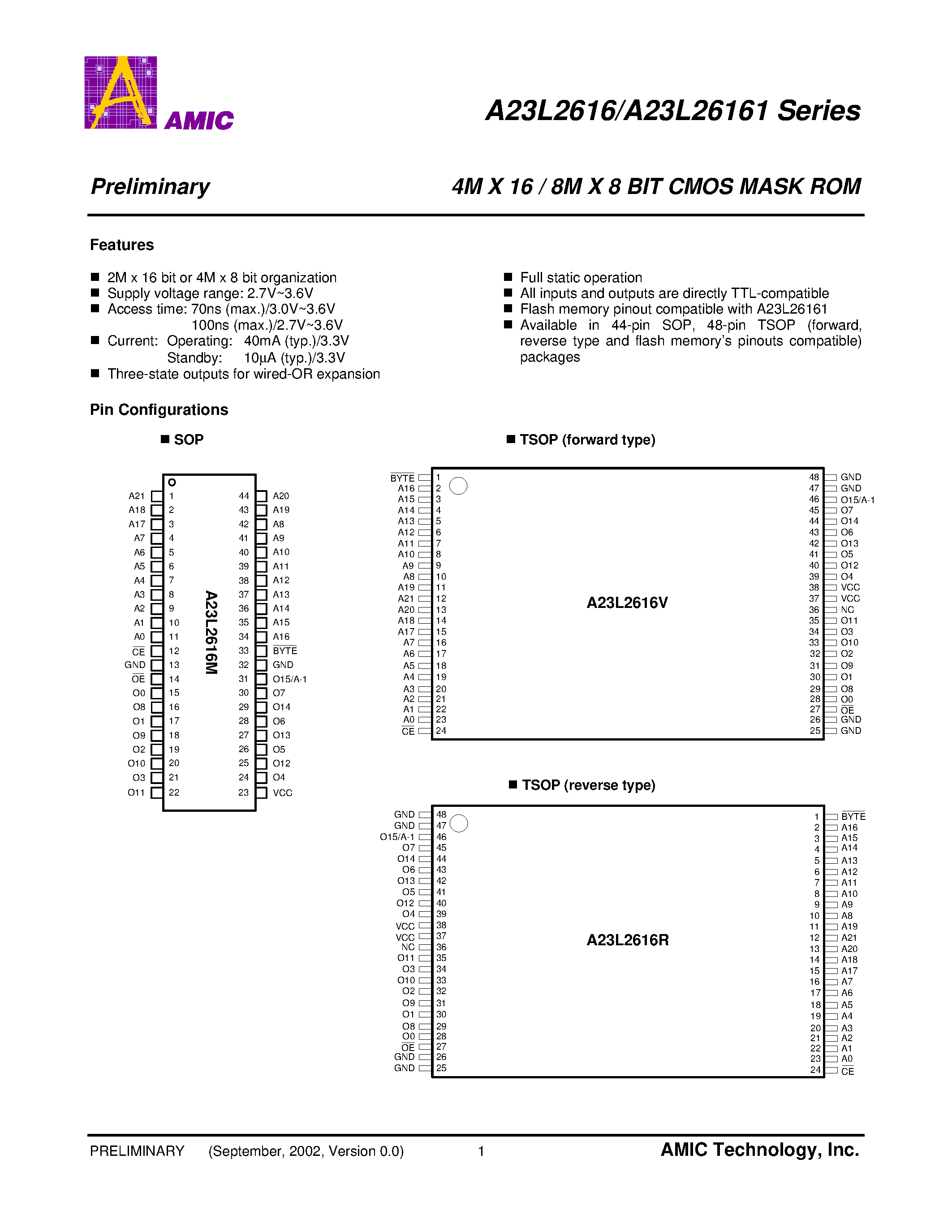 Datasheet A23L26161V-70 - 4M X 16 / 8M X 8 BIT CMOS MASK ROM page 2