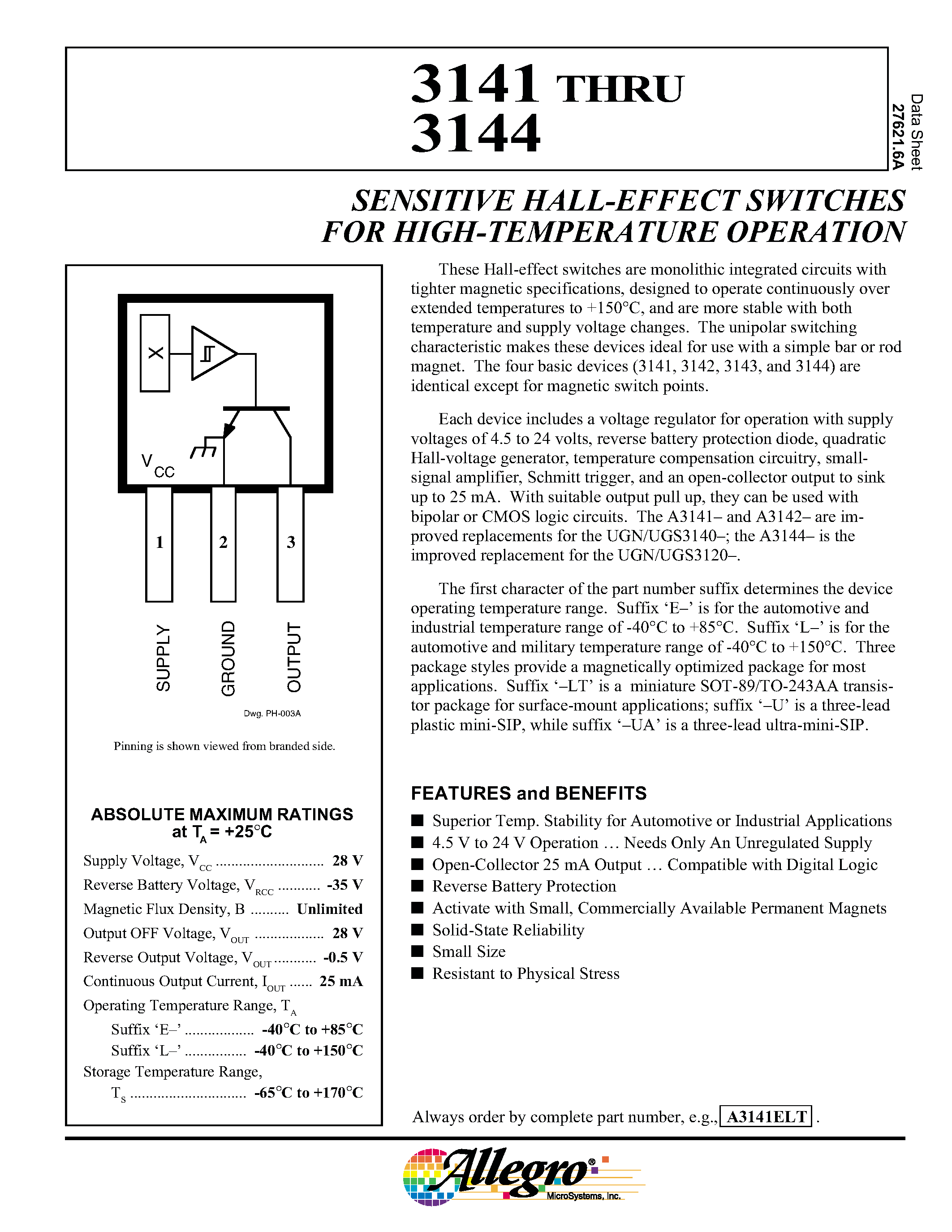 Datasheet A3141-U - SENSITIVE HALL-EFFECT SWITCHES FOR HIGH-TEMPERATURE OPERATION page 1
