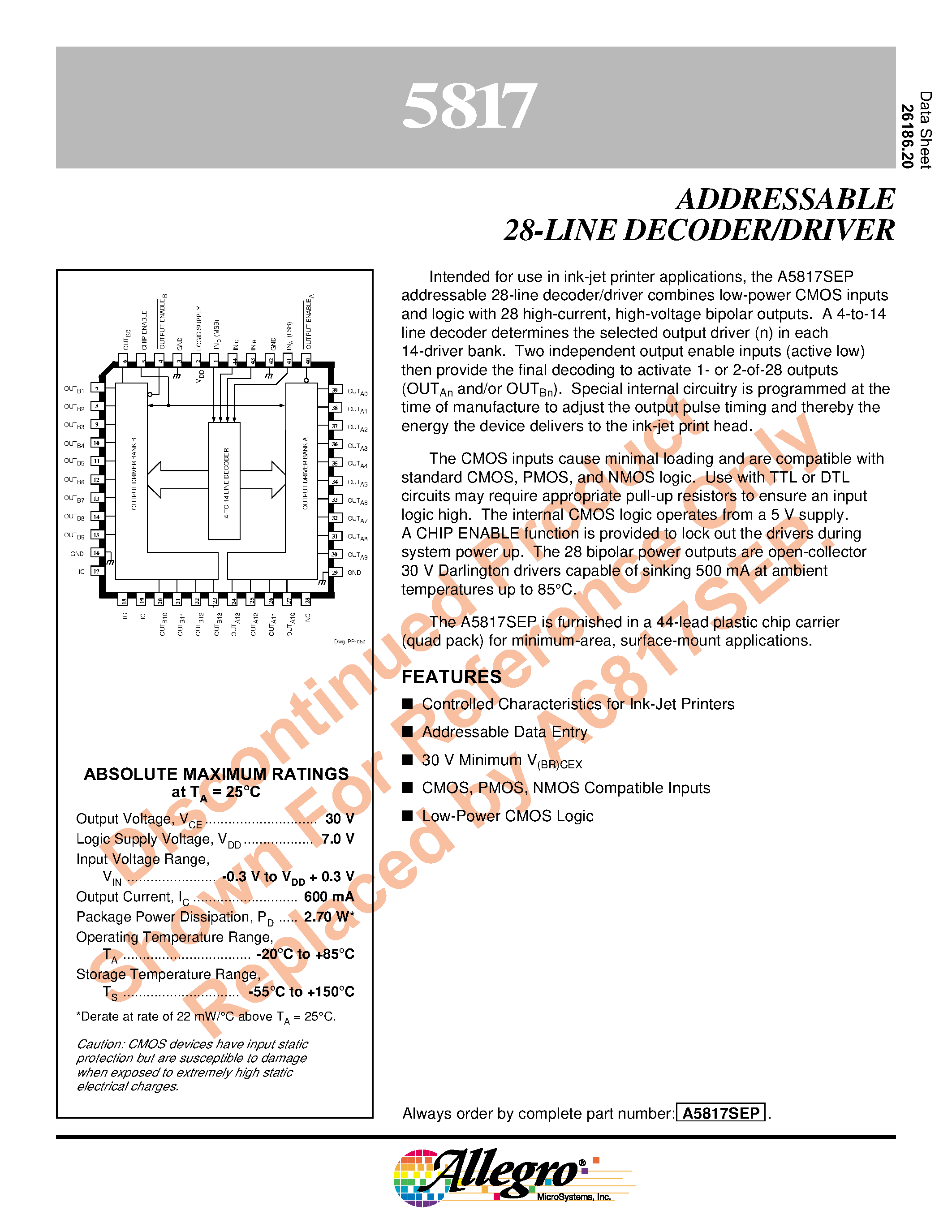 Datasheet A5817SEP - ADDRESSABLE 28-LINE DECODER/DRIVER page 1
