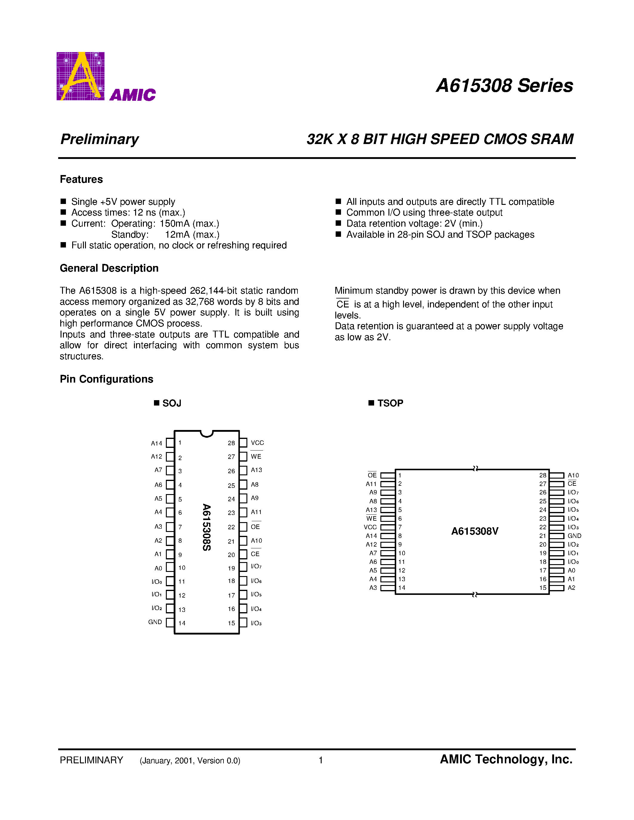 Datasheet A615308V-12 - 32K X 8 BIT HIGH SPEED CMOS SRAM page 2