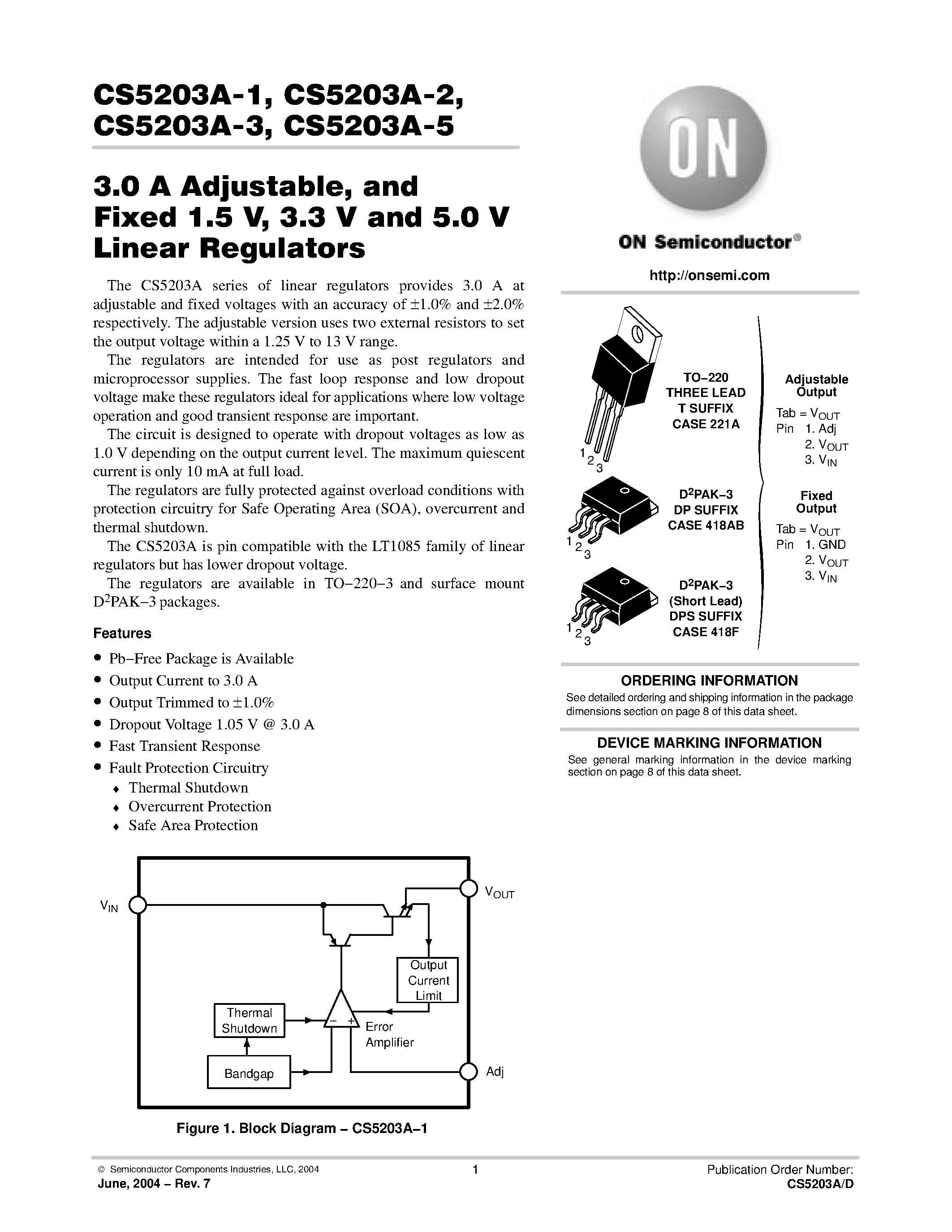 Datasheet CS5203A-5 - 3.0 A Adjustable/ and Fixed 1.5 V/ 3.3 V and 5.0 V Linear Regulators page 1