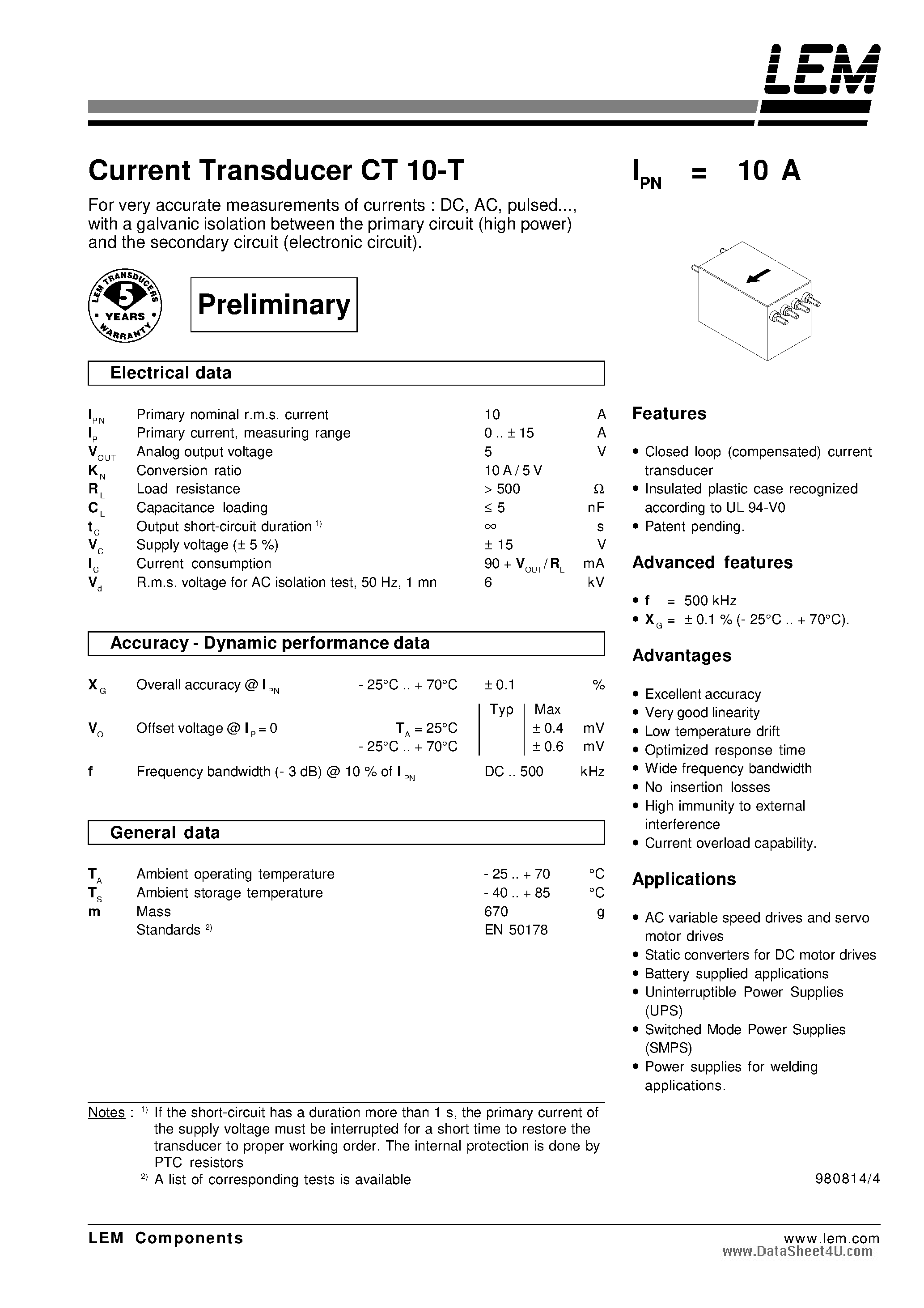 Datasheet CT10-T - Current Transducers CT 10-T page 1