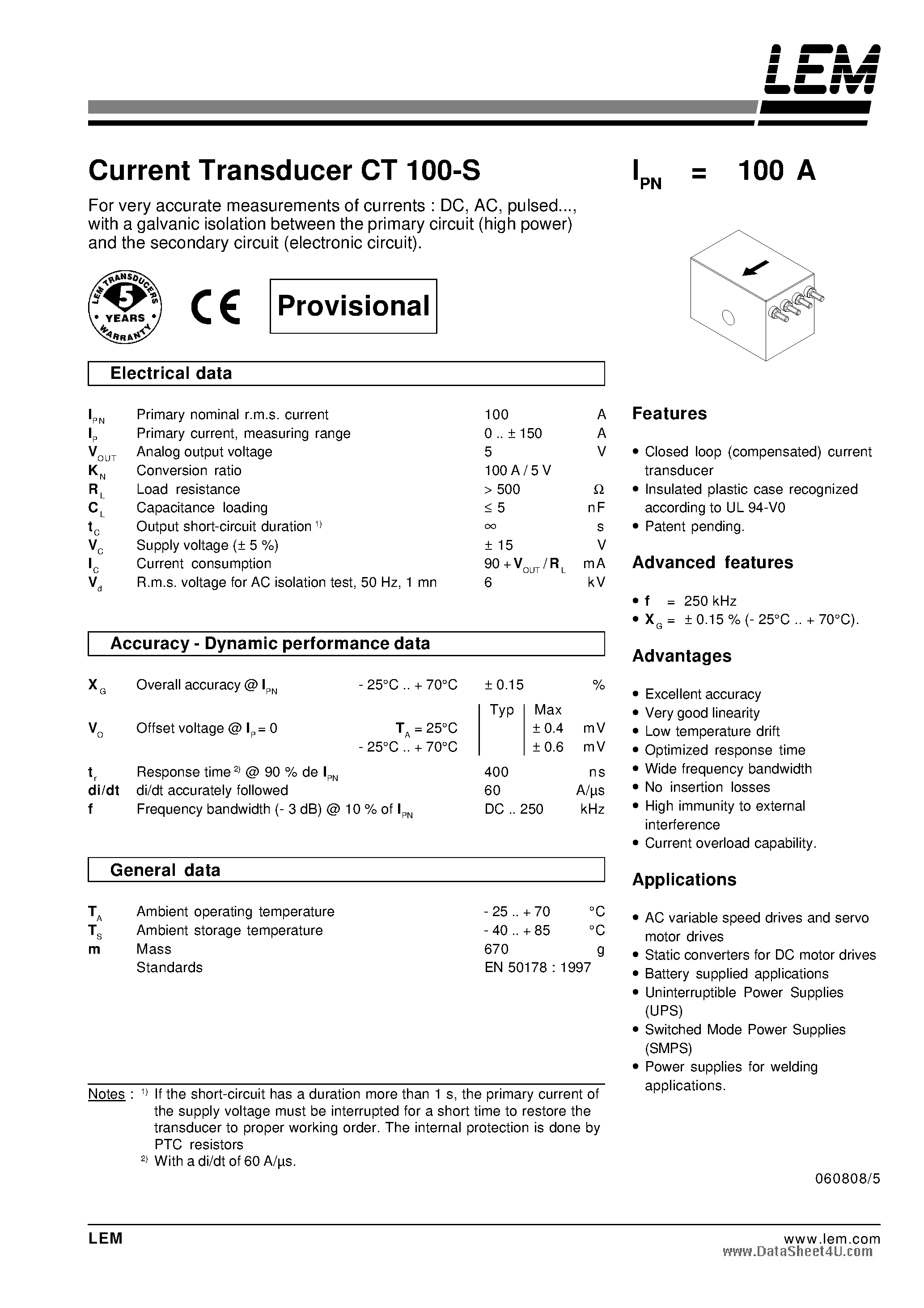 Даташит CT100-S - Current Transducers CT 100-S страница 1