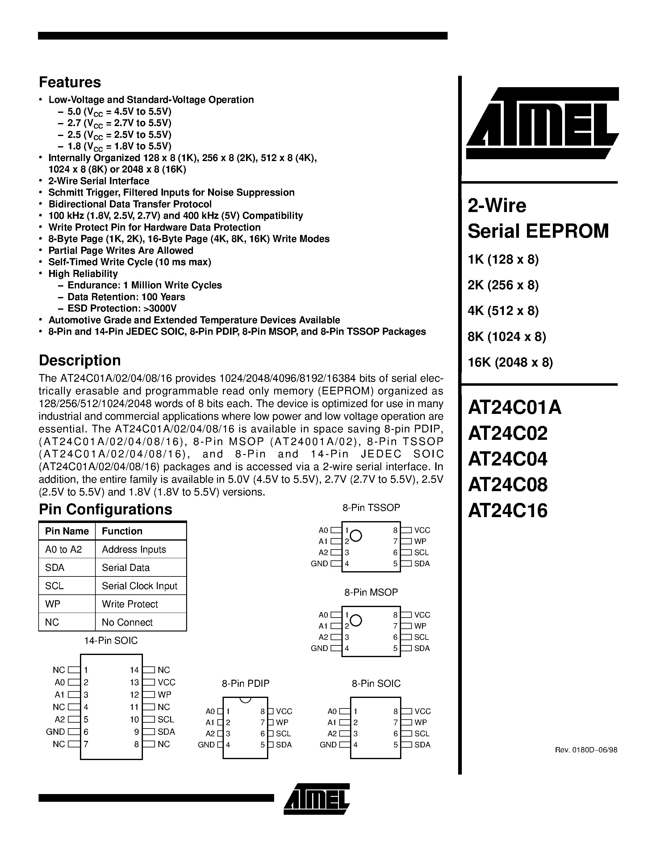 Datasheet AT24C01A-10MC-2.5 - 2-Wire Serial EEPROM page 1