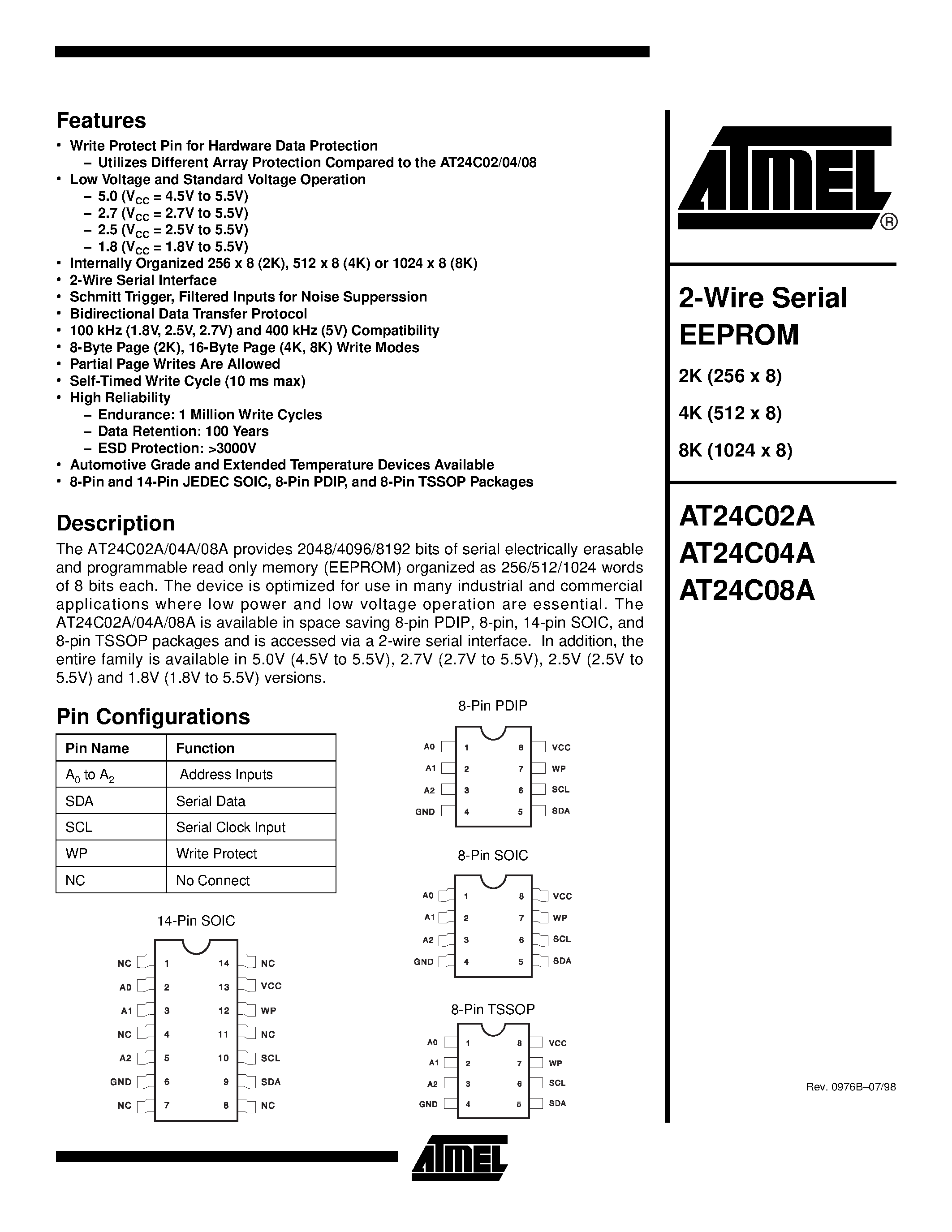 Даташит AT24C08A-10PC-2.5 - 2-Wire Serial EEPROM страница 1