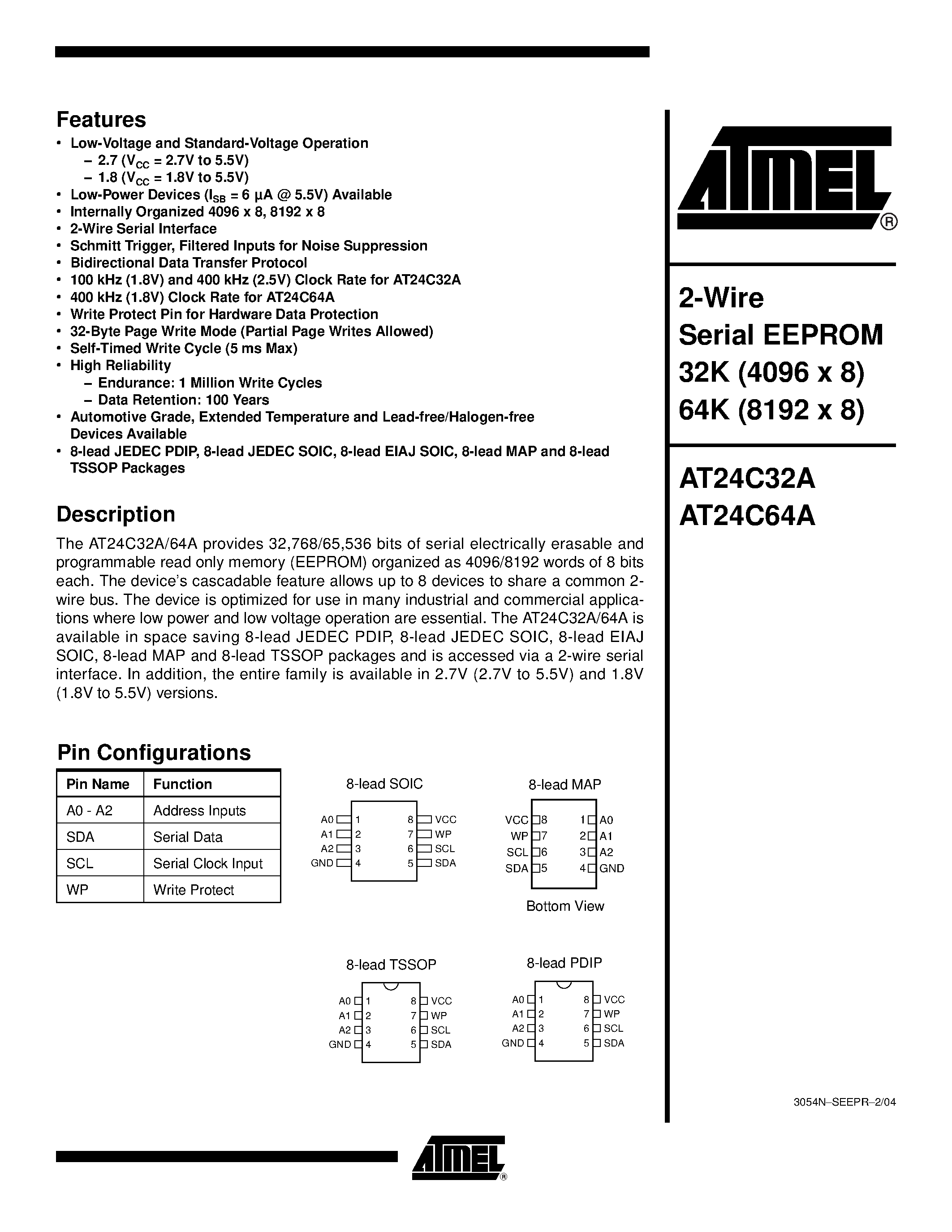 Datasheet AT24C32A-10TU-1.8 - 2-Wire Serial EEPROM 32K (4096 x 8) 64K (8192 x 8) page 1