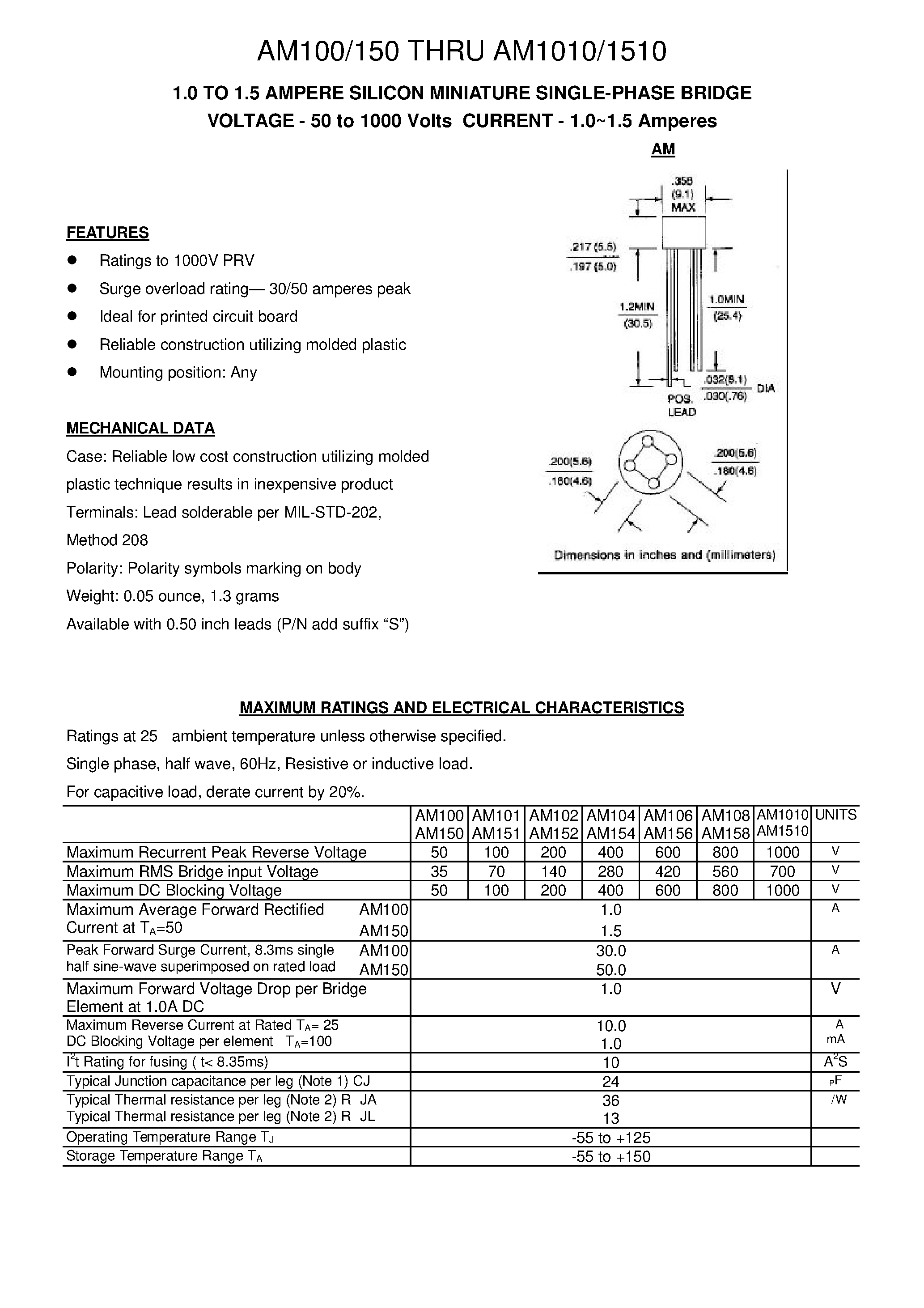Datasheet AM100 - 1.0 TO 1.5 AMPERE SILICON MINIATURE SINGLE-PHASE BRIDGE page 1