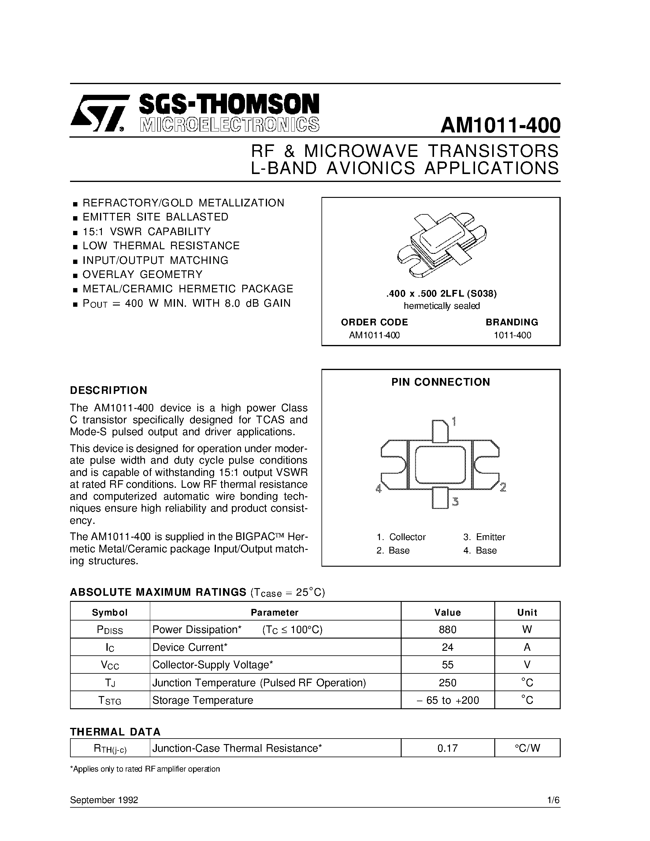 Datasheet AM1011-400 - L-BAND AVIONICS APPLICATIONS RF & MICROWAVE TRANSISTORS page 1