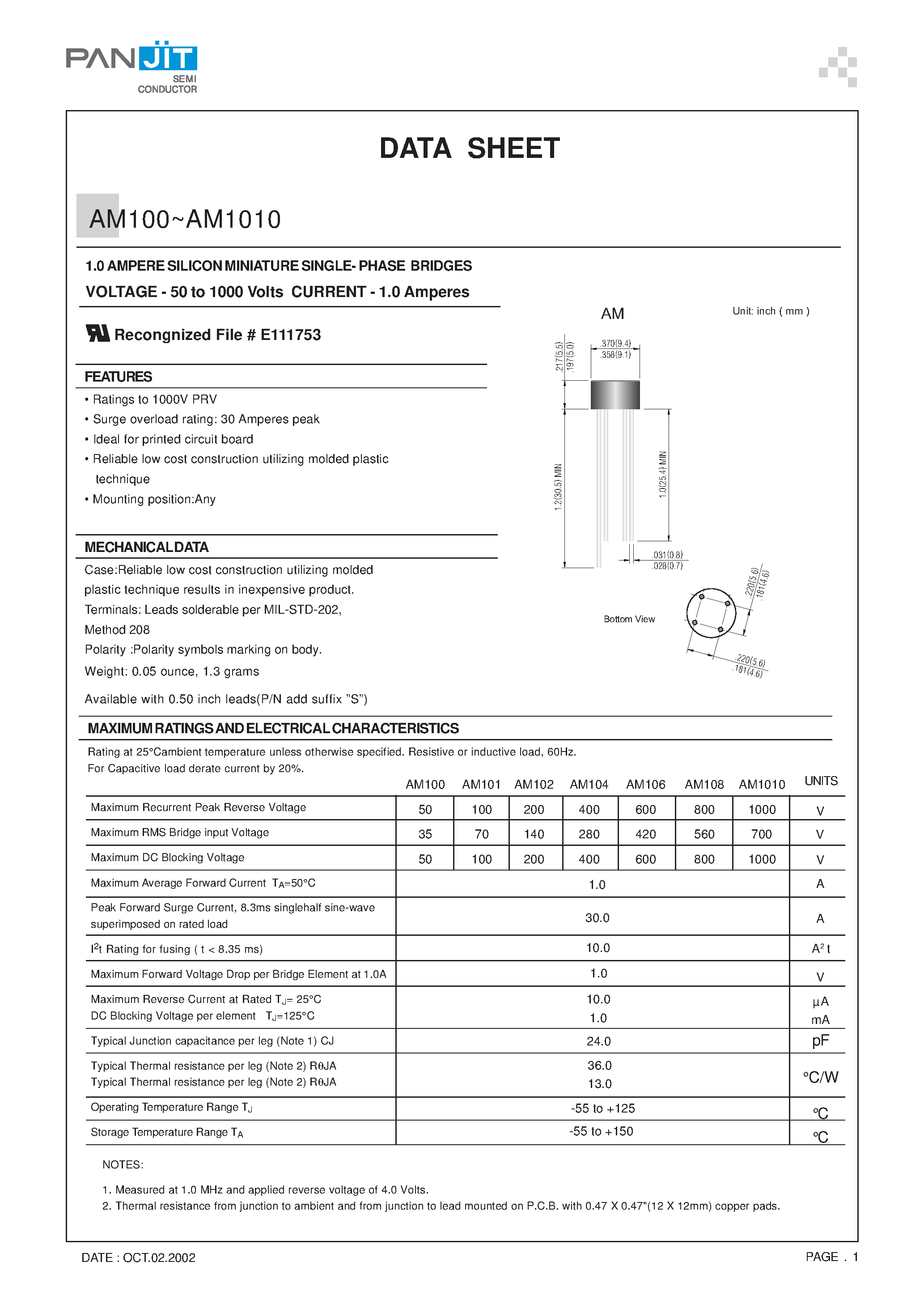 Datasheet AM106 - 1.0 AMPERE SILICON MINIATURE SINGLE- PHASE BRIDGES(VOLTAGE - 50 to 1000 Volts CURRENT - 1.0 Amperes) page 1