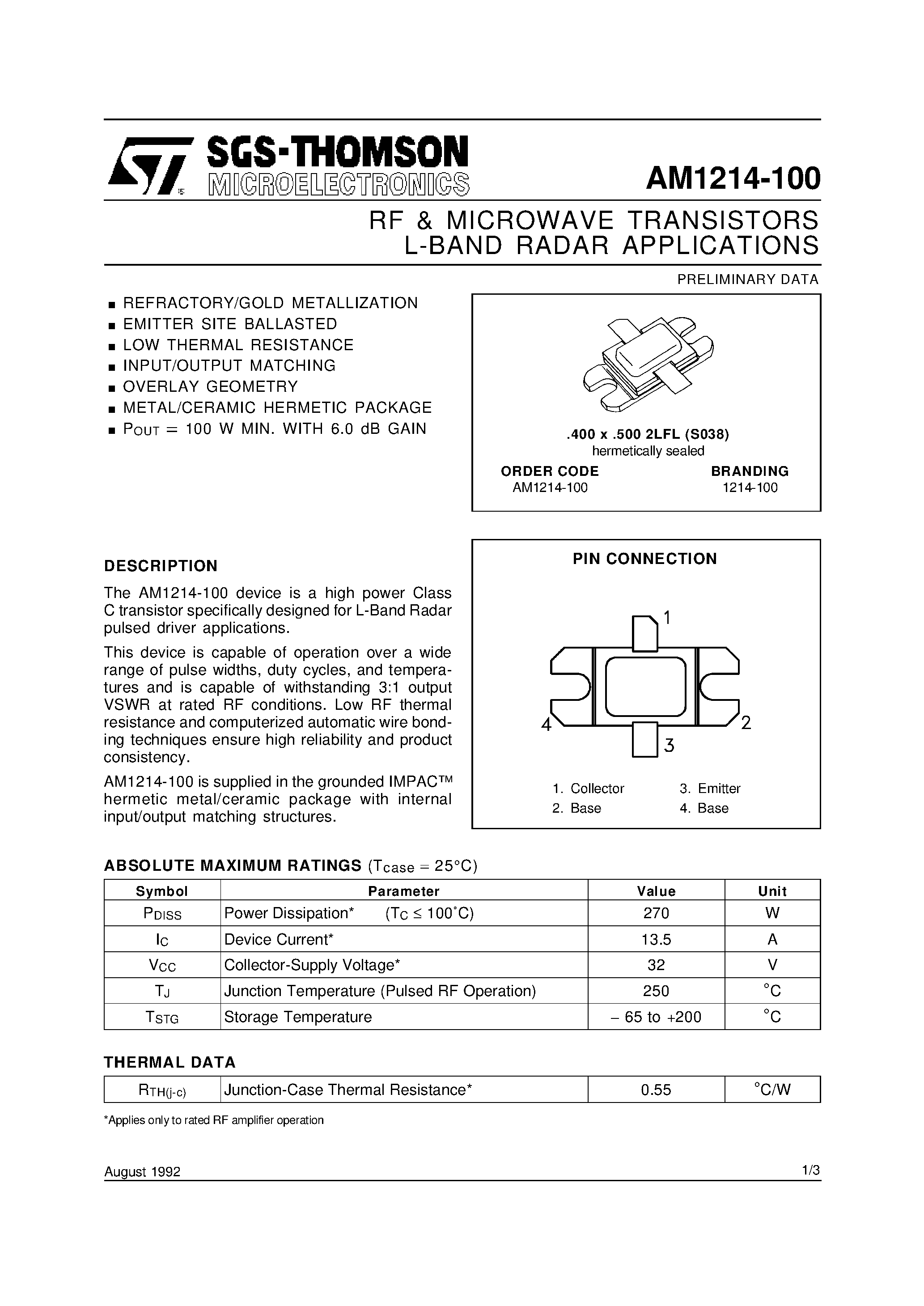 Даташит AM1214-100 - L-BAND RADAR APPLICATIONS RF & MICROWAVE TRANSISTORS страница 1
