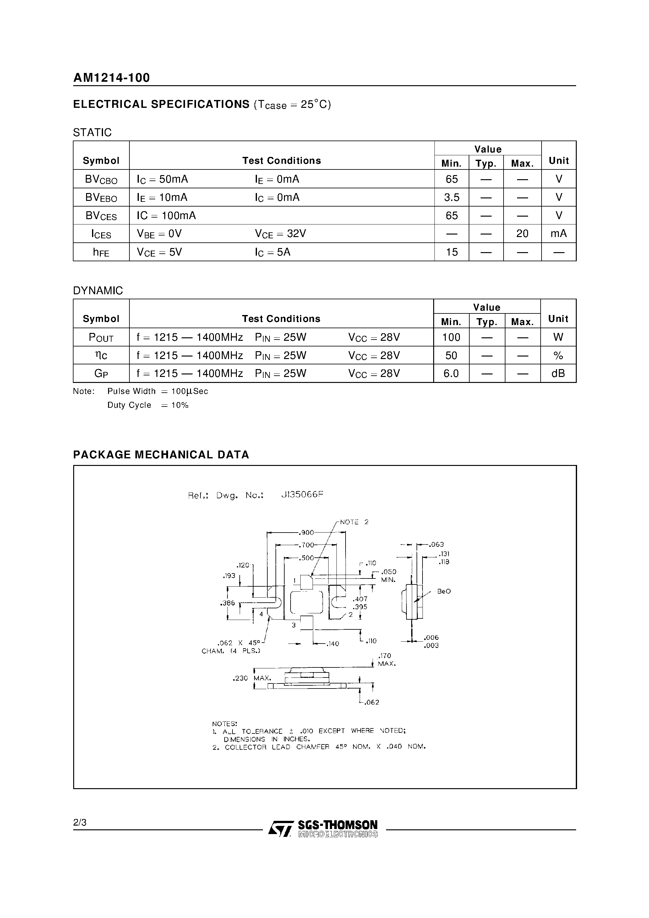 Даташит AM1214-100 - L-BAND RADAR APPLICATIONS RF & MICROWAVE TRANSISTORS страница 2