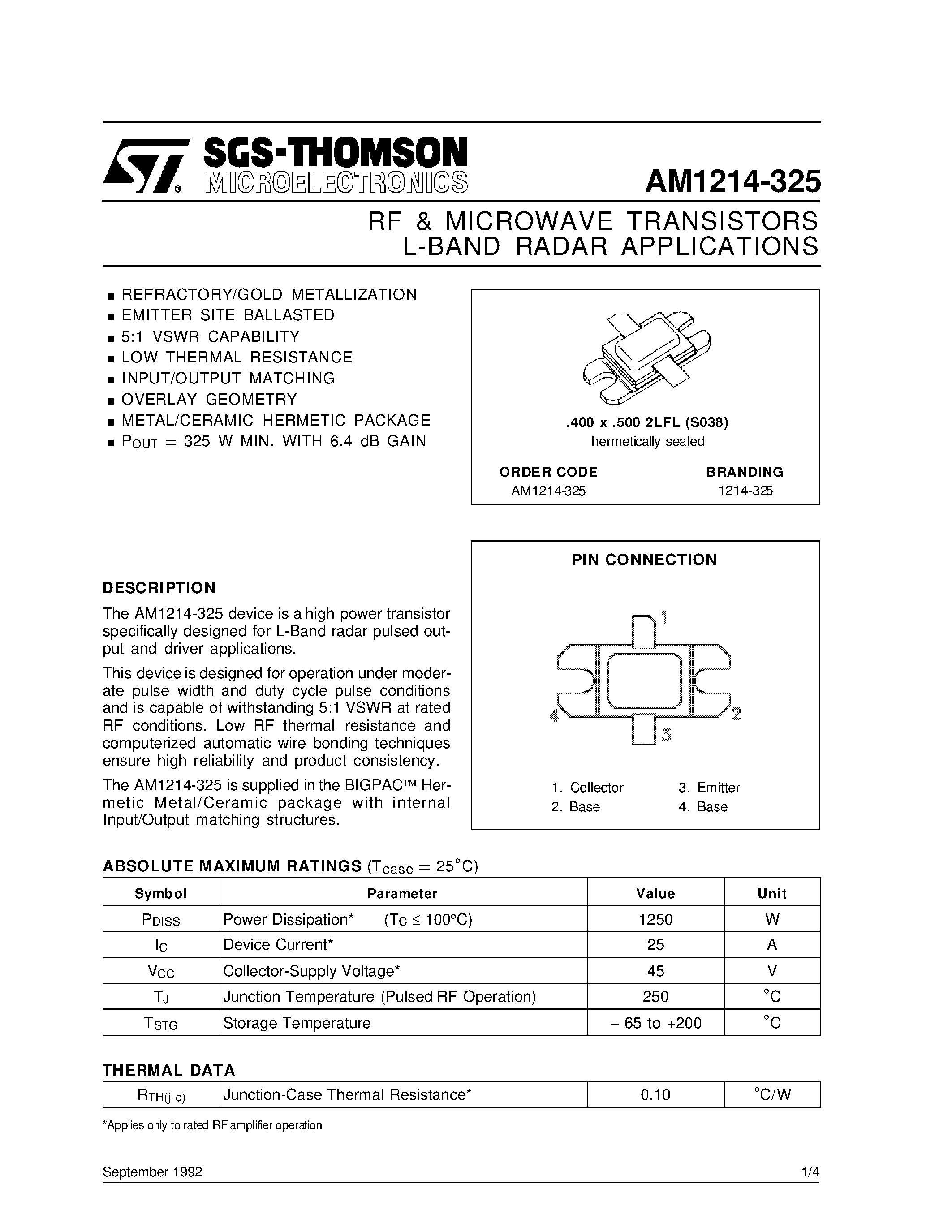 Datasheet AM1214-325 - L-BAND RADAR APPLICATIONS RF & MICROWAVE TRANSISTORS page 1