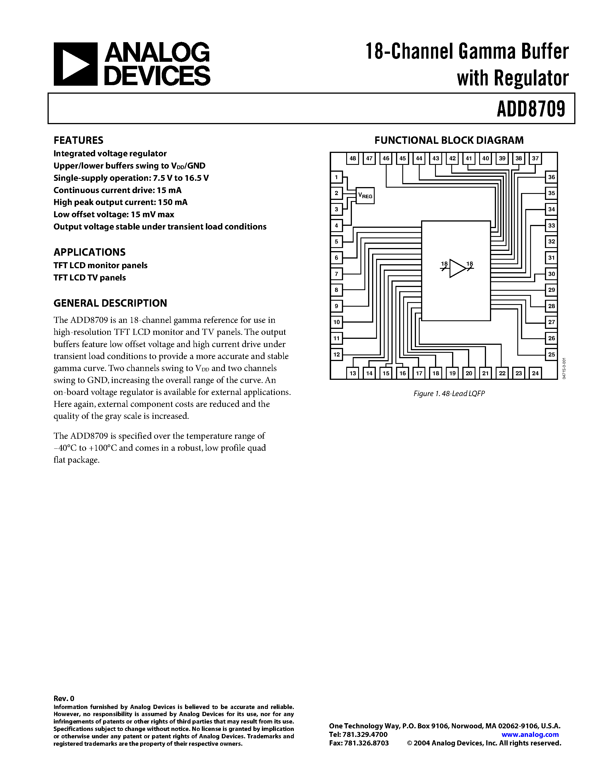 Даташит ADD8709ASTZ-REEL - 18-Channel Gamma Buffer with Regulator страница 1