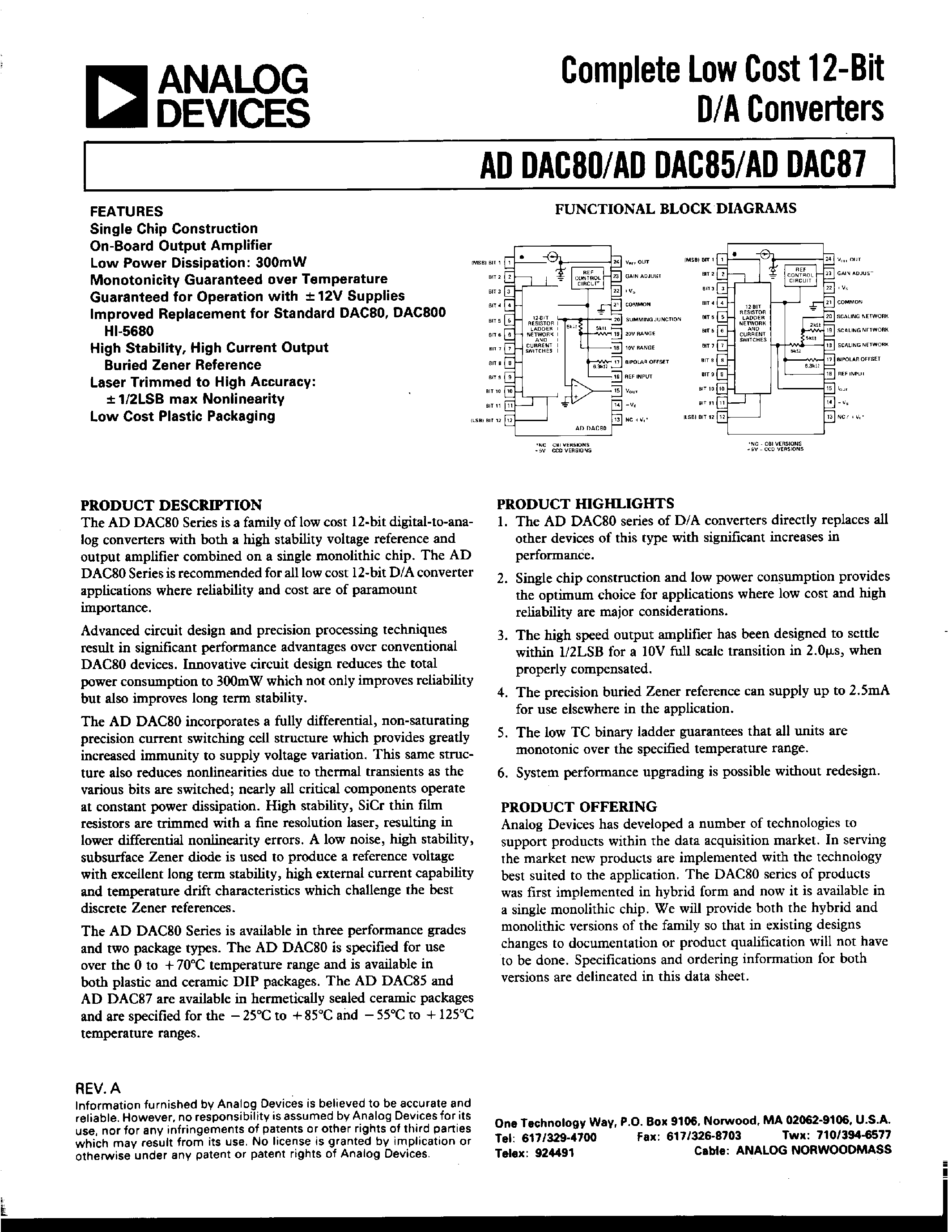 Даташит ADDAC80Z-CCD-I - COMPLETE LOW COST 12-BIT D/A CONVERTERS страница 1