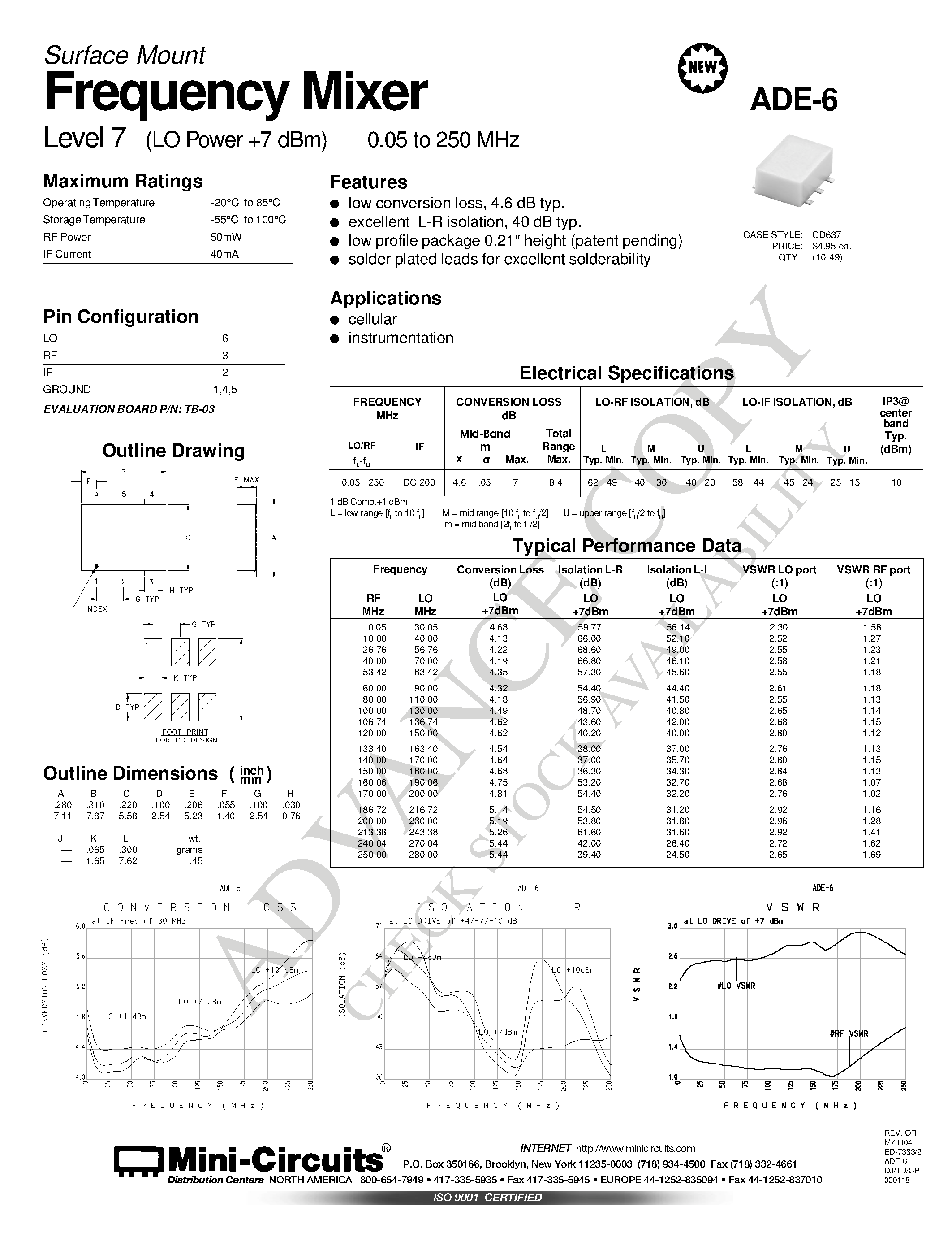 Datasheet ADE-6 - Surface Mount Frequency Mixer page 1