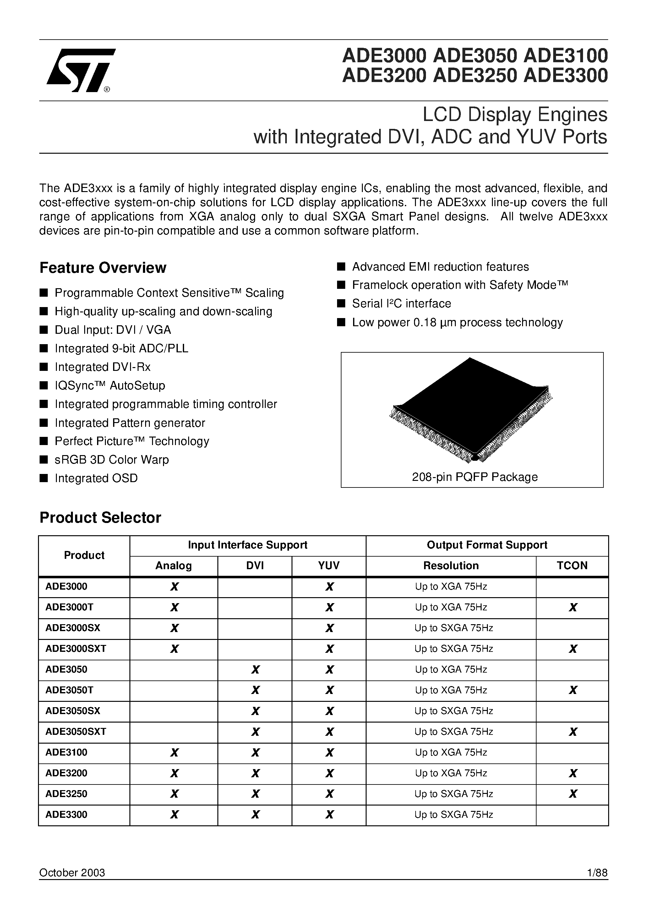 Datasheet ADE3000SX - LCD Display Engines with Integrated DVI/ ADC and YUV Ports page 1