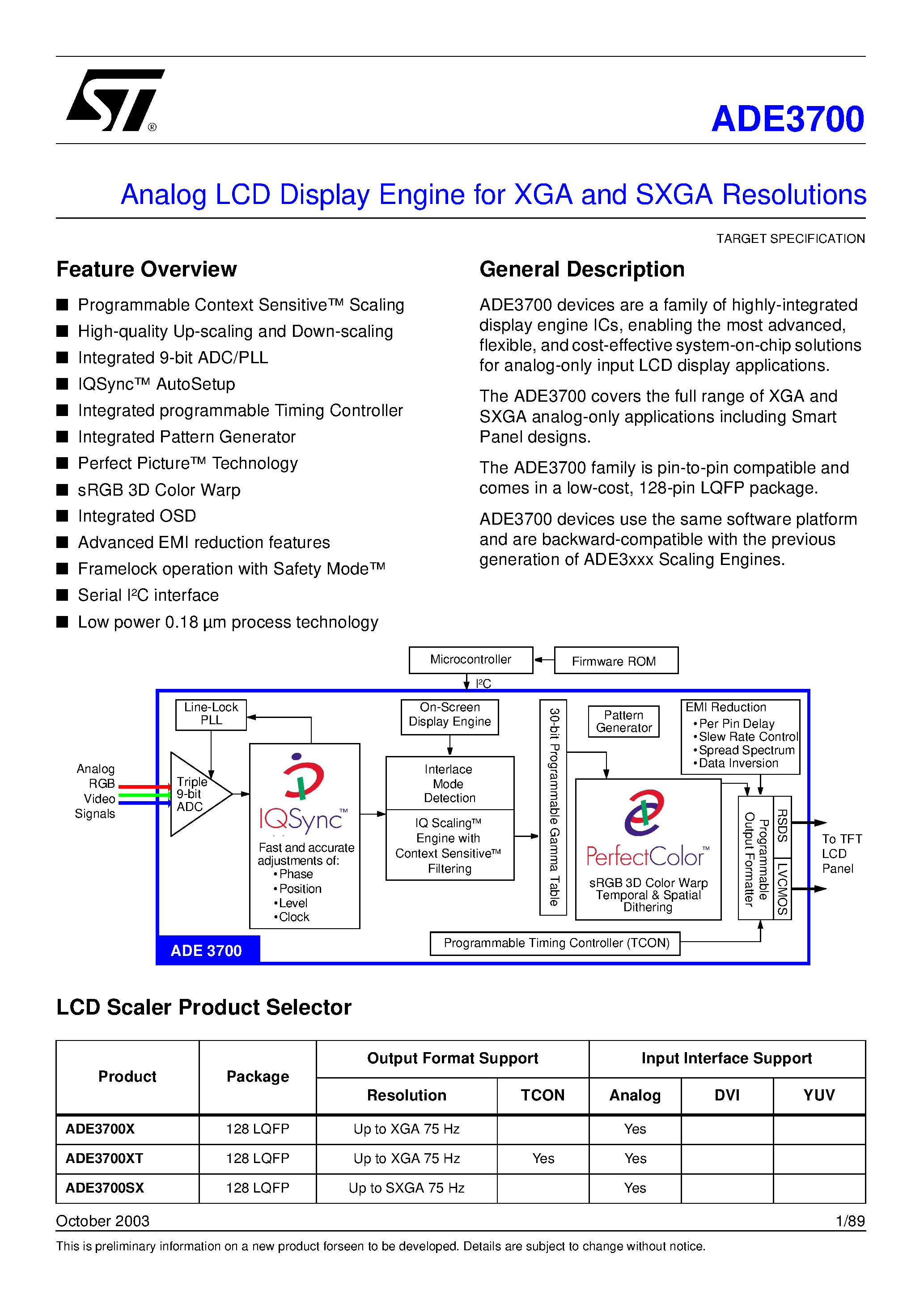 Datasheet ADE3700 - Analog LCD Display Engine for XGA and SXGA Resolutions page 1