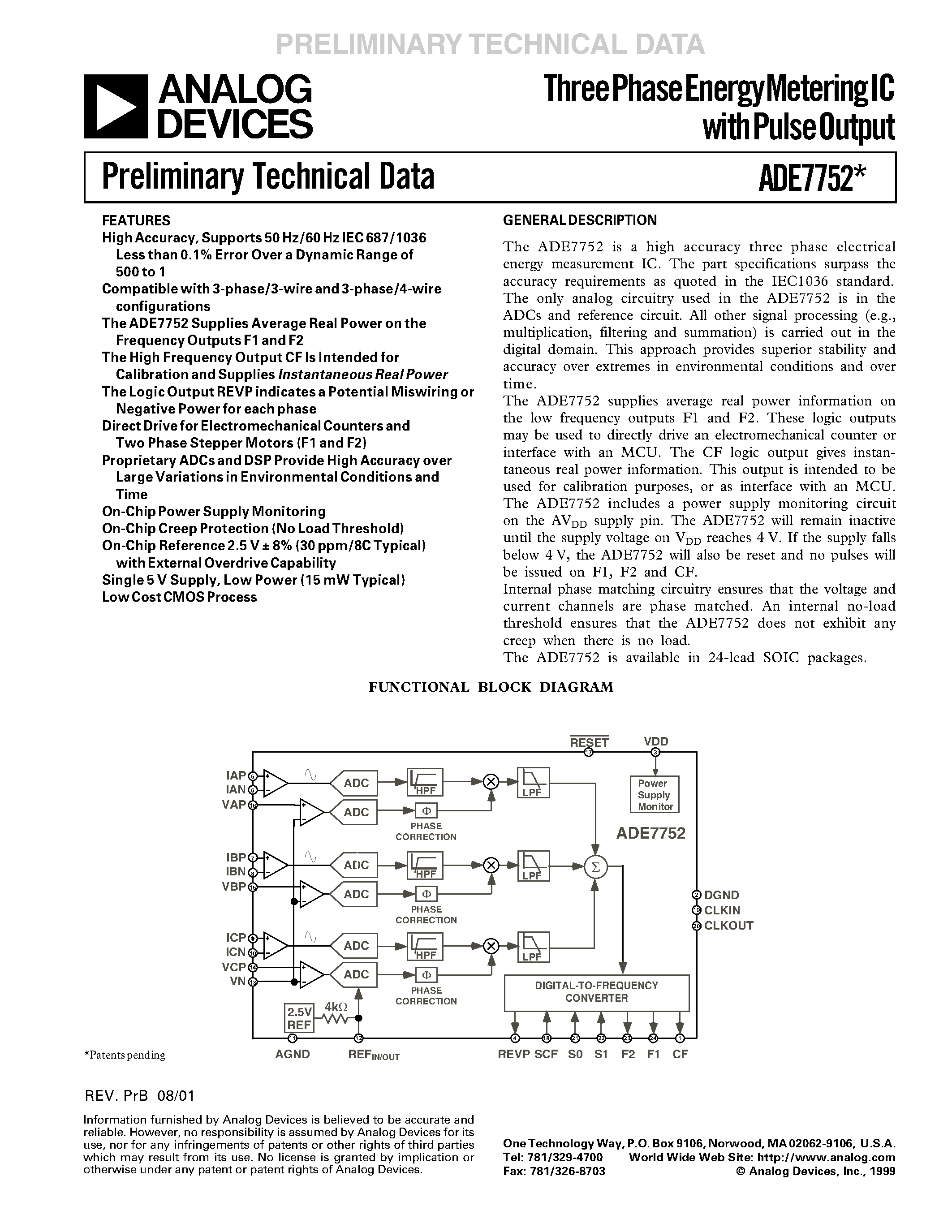 Datasheet ADE7752 - Three Phase Energy Metering IC with Pulse Output page 1