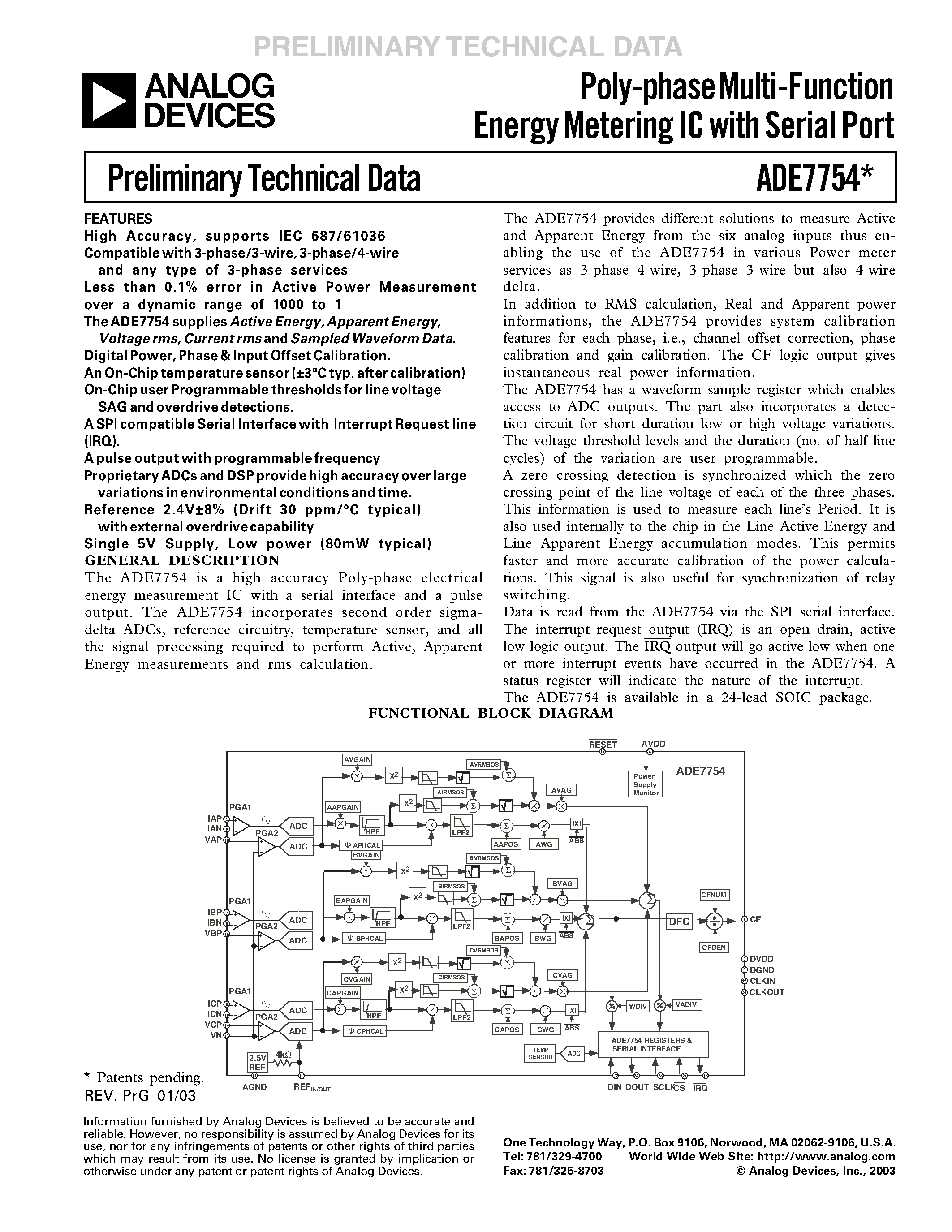 Datasheet ADE7754 - Poly-phase Multi-Function Energy Metering IC with Serial Port page 1