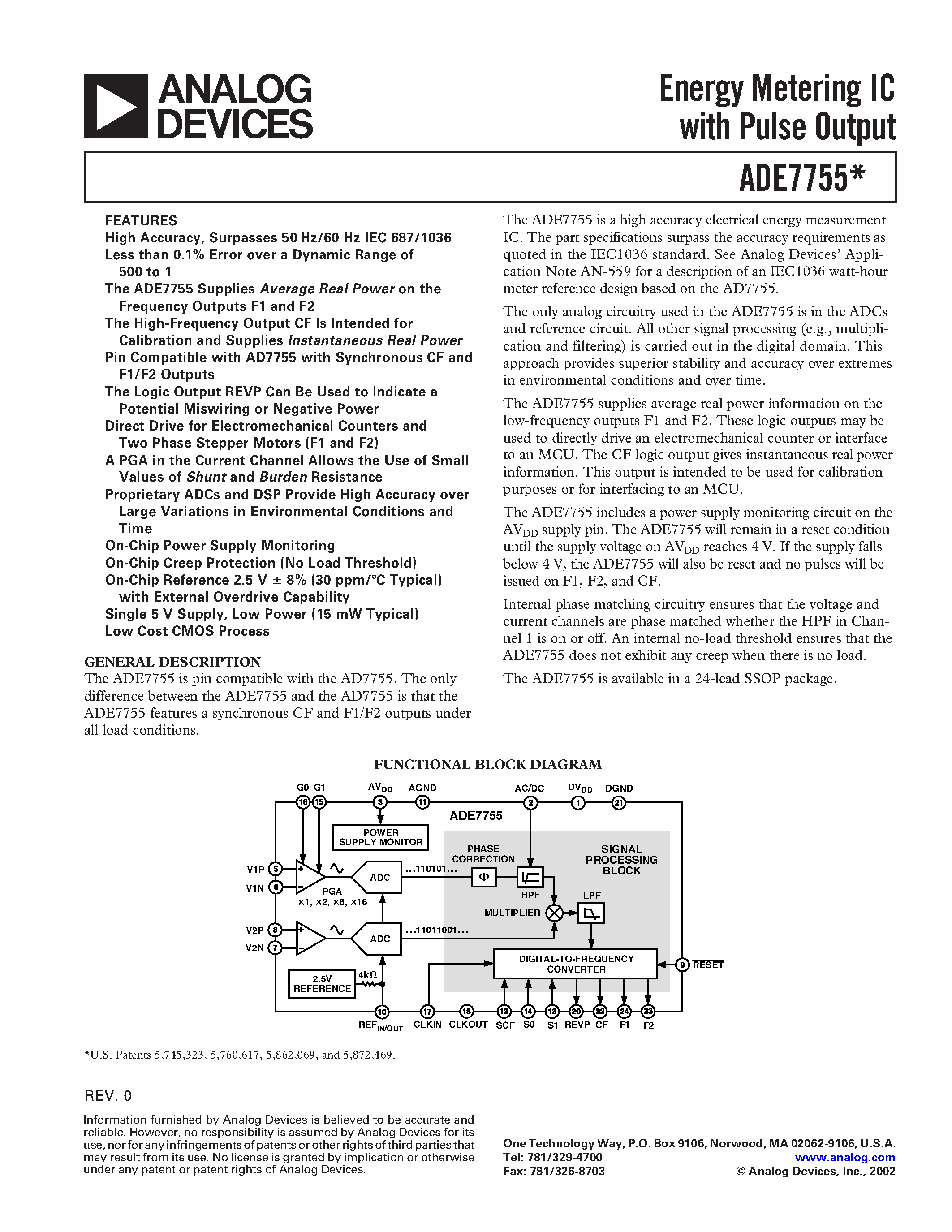 Даташит ADE7755AN-REF - Energy Metering IC with Pulse Output страница 1