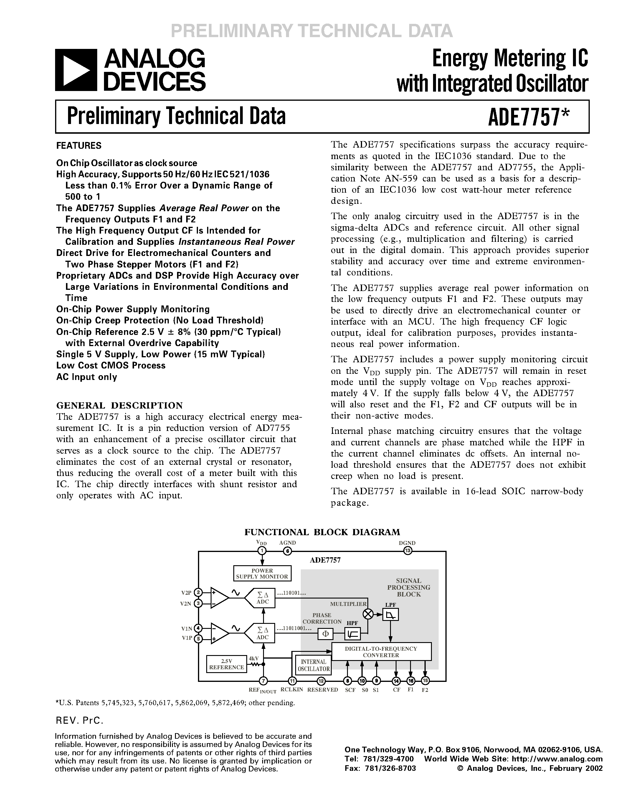 Datasheet ADE7757 - Energy Metering IC with Integrated Oscillator page 1