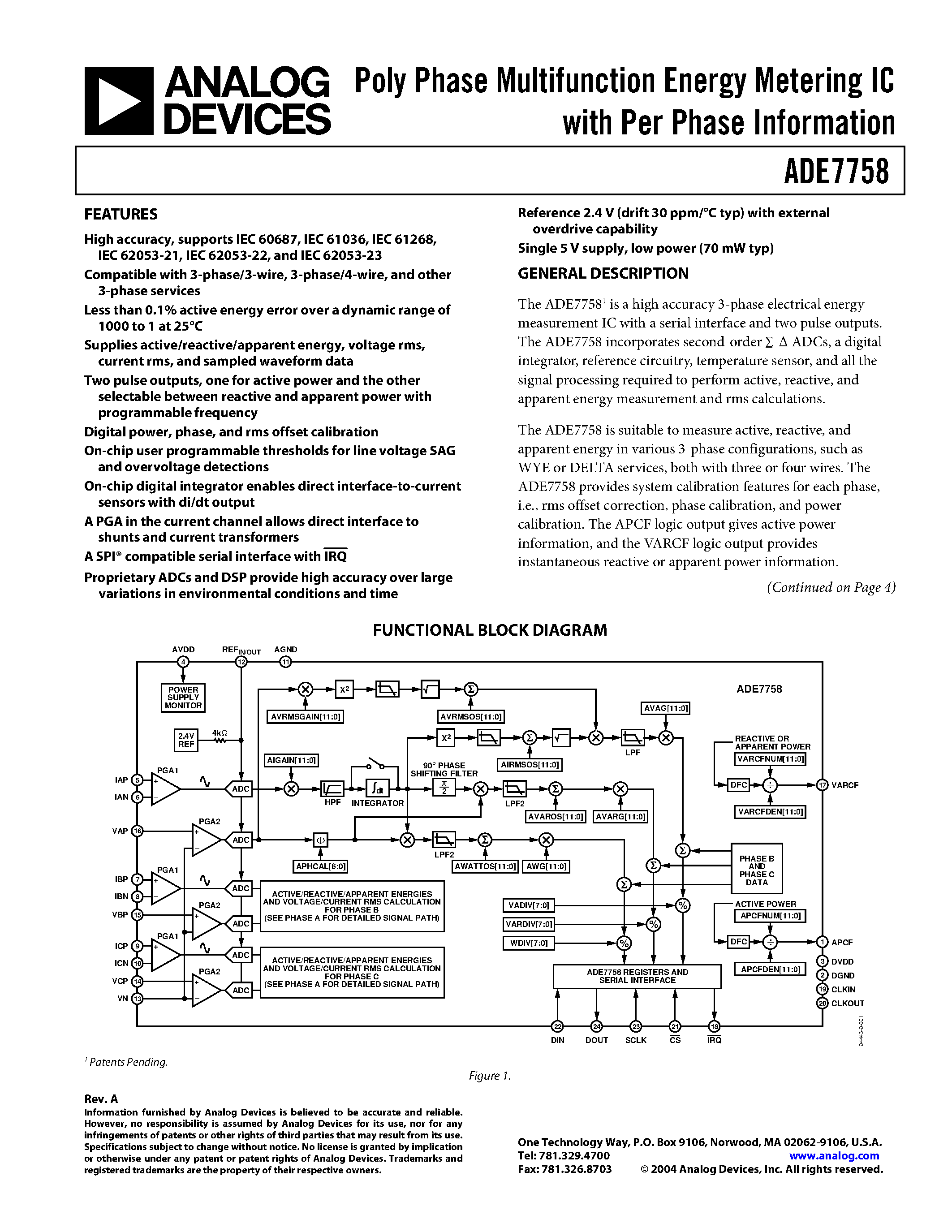 Даташит ADE7758 - Poly Phase Multifunction Energy Metering IC with Per Phase Information страница 1