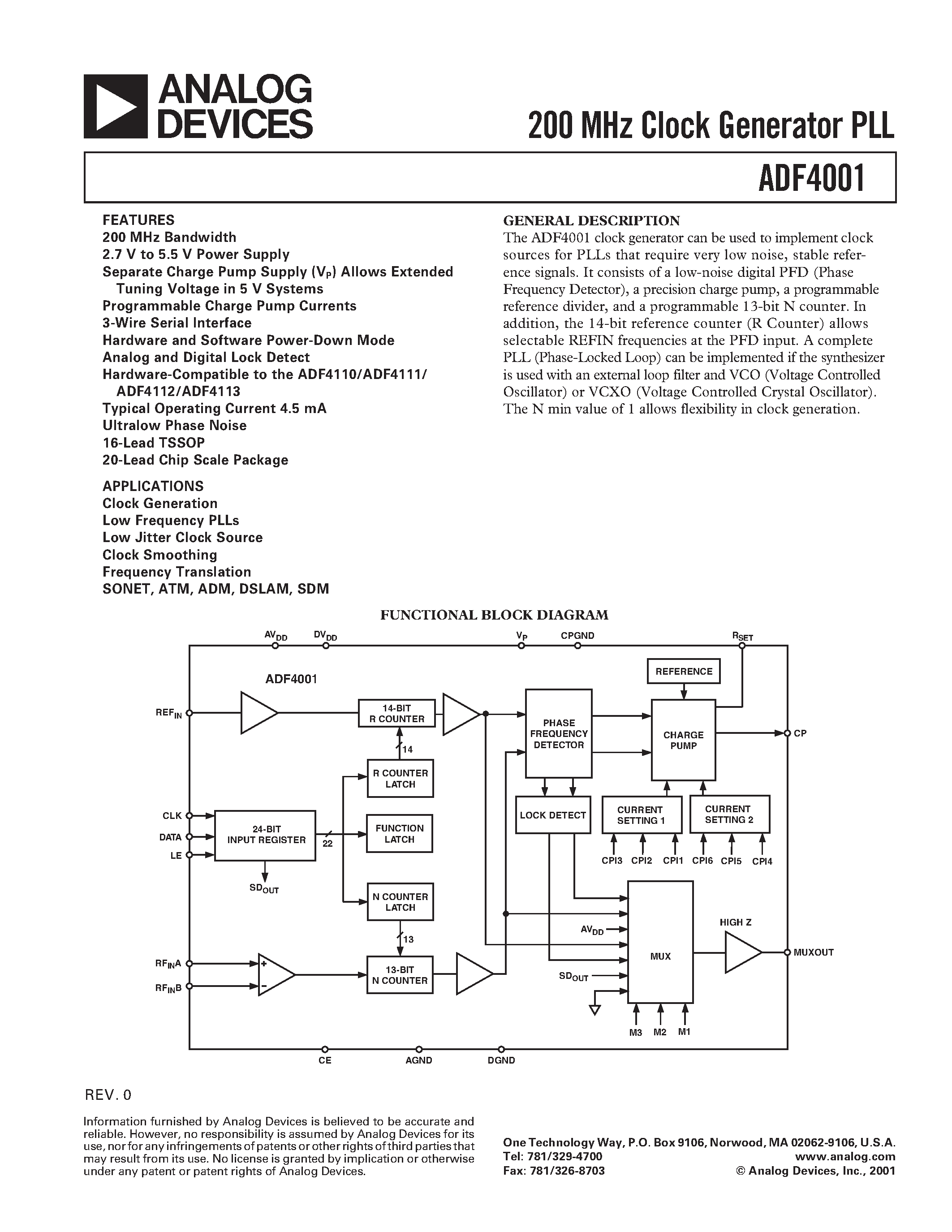 Datasheet ADF4001BRU - 200 MHz Clock Generator PLL page 1
