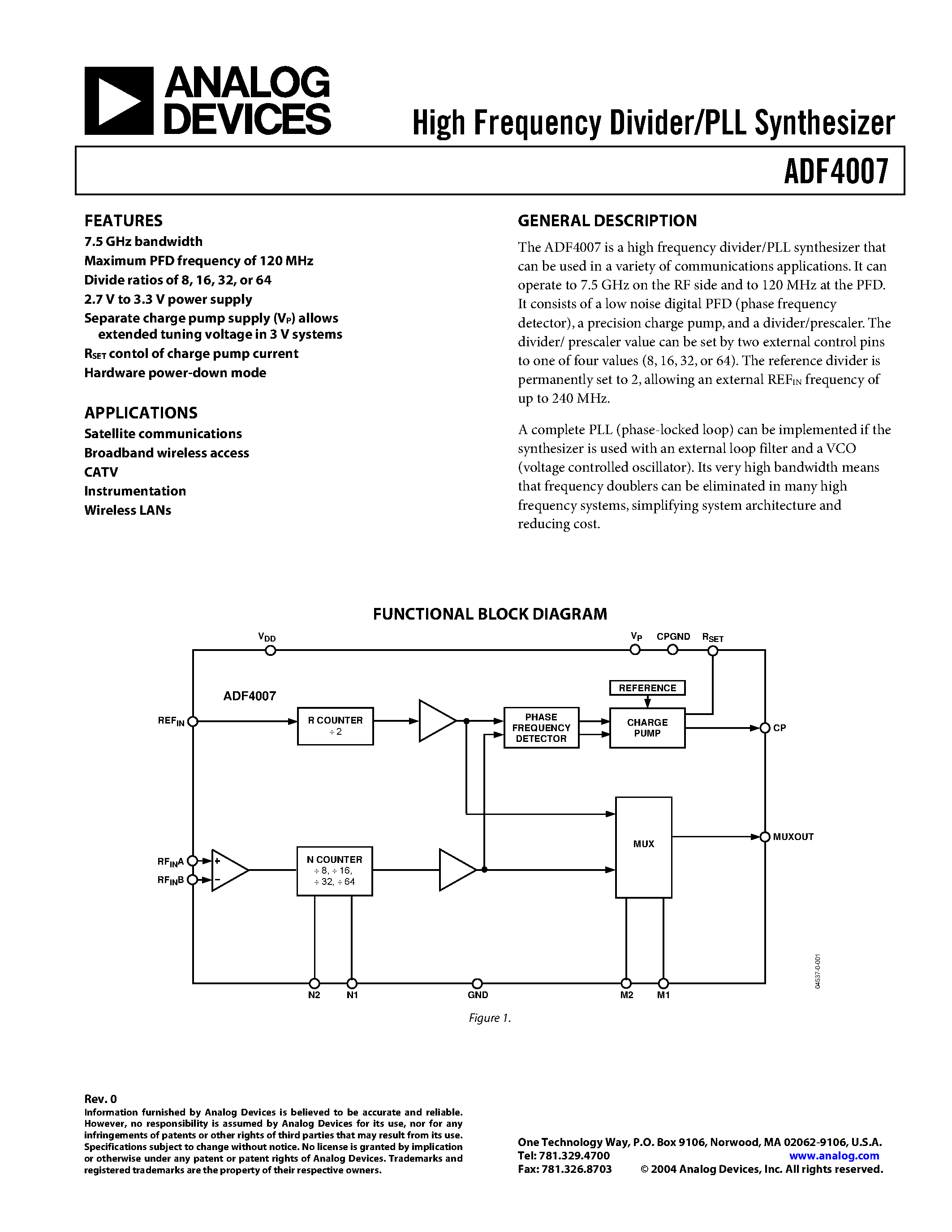 Datasheet ADF4007BCP-REEL - High Frequency Divider/PLL Synthesizer page 1