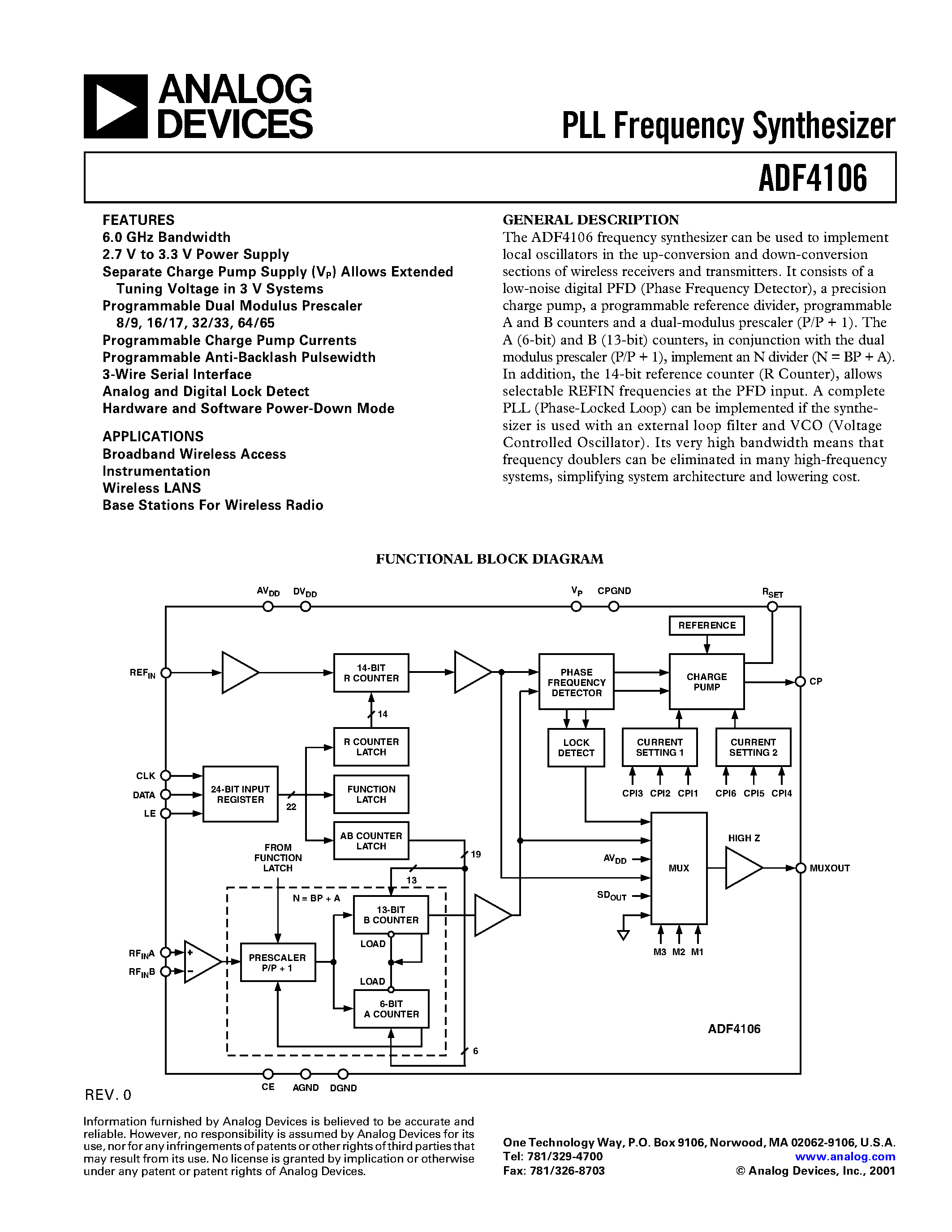 Datasheet ADF4106BCP - PLL Frequency Synthesizer page 1