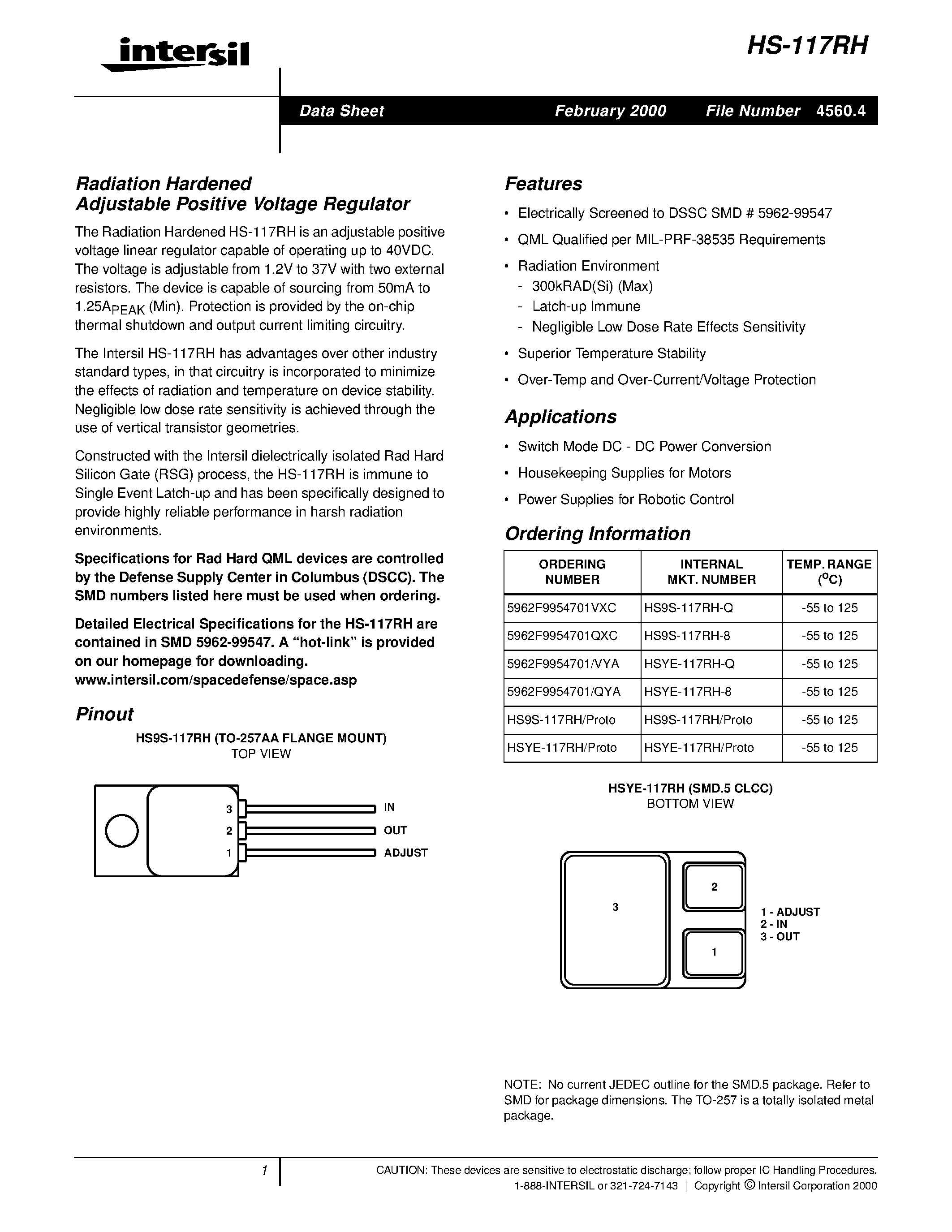 Даташит HSYE-117RH-Q - Radiation Hardened Adjustable Positive Voltage Regulator страница 1