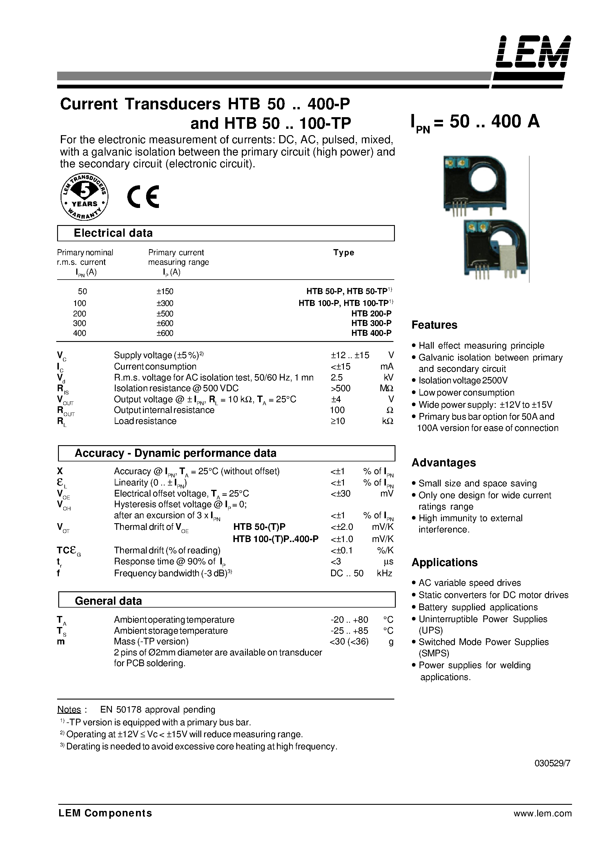 Datasheet HTB200-P - Current Transducers HTB 50~400-P and HTB 50~100-TP page 1