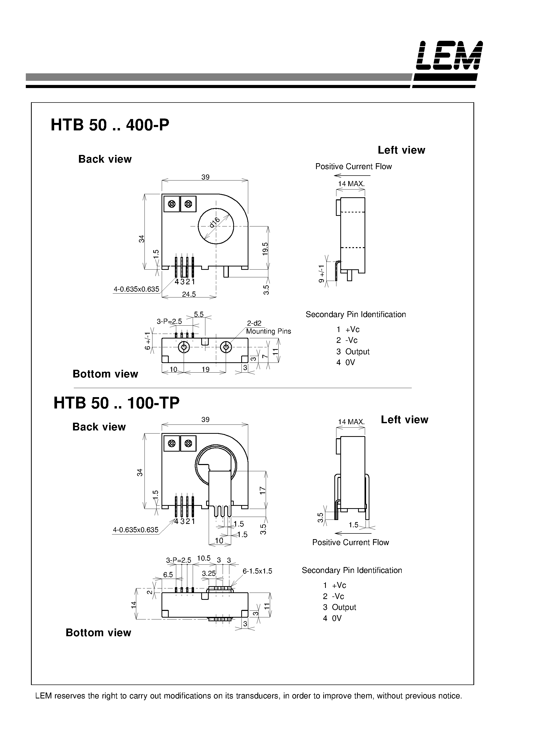 Даташит HTB50-P - Current Transducers HTB 50~400-P and HTB 50~100-TP страница 2