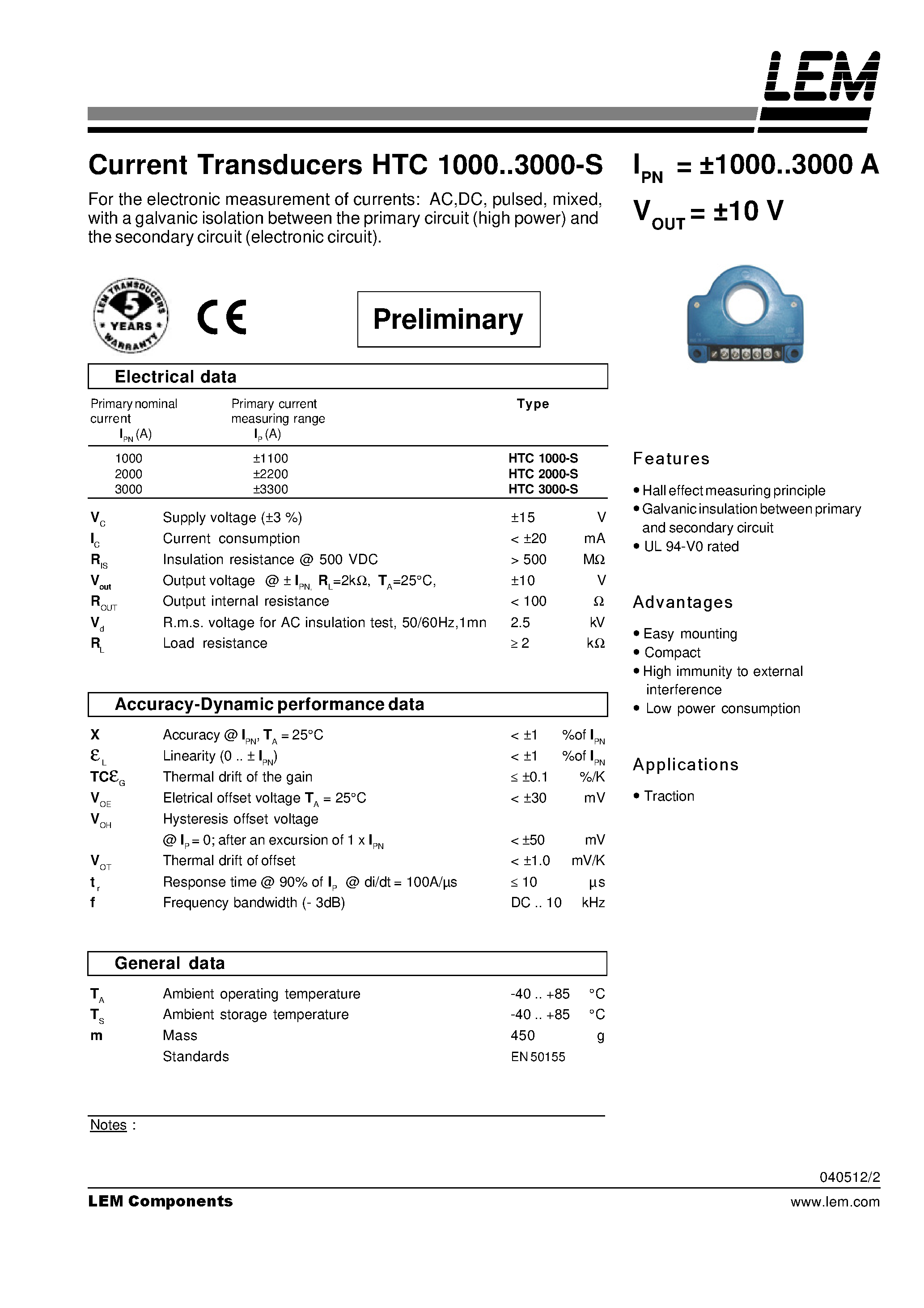 Datasheet HTC2000-S - Current Transducers HTC 1000~3000-S page 1