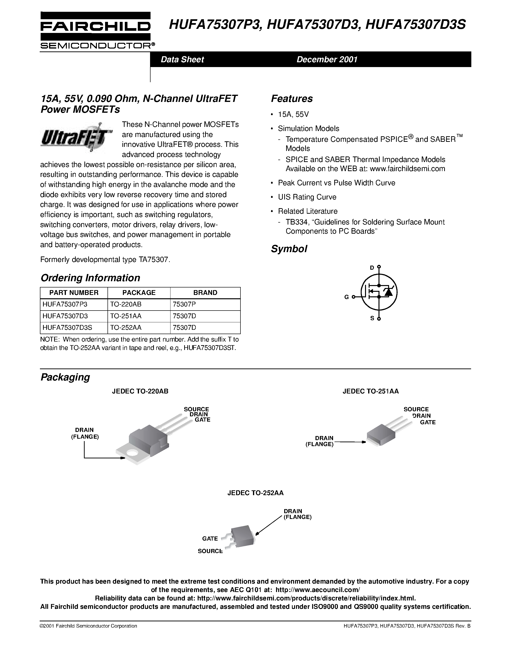 Datasheet HUFA75307D3S - 15A/ 55V/ 0.090 Ohm/ N-Channel UltraFET Power MOSFETs page 1