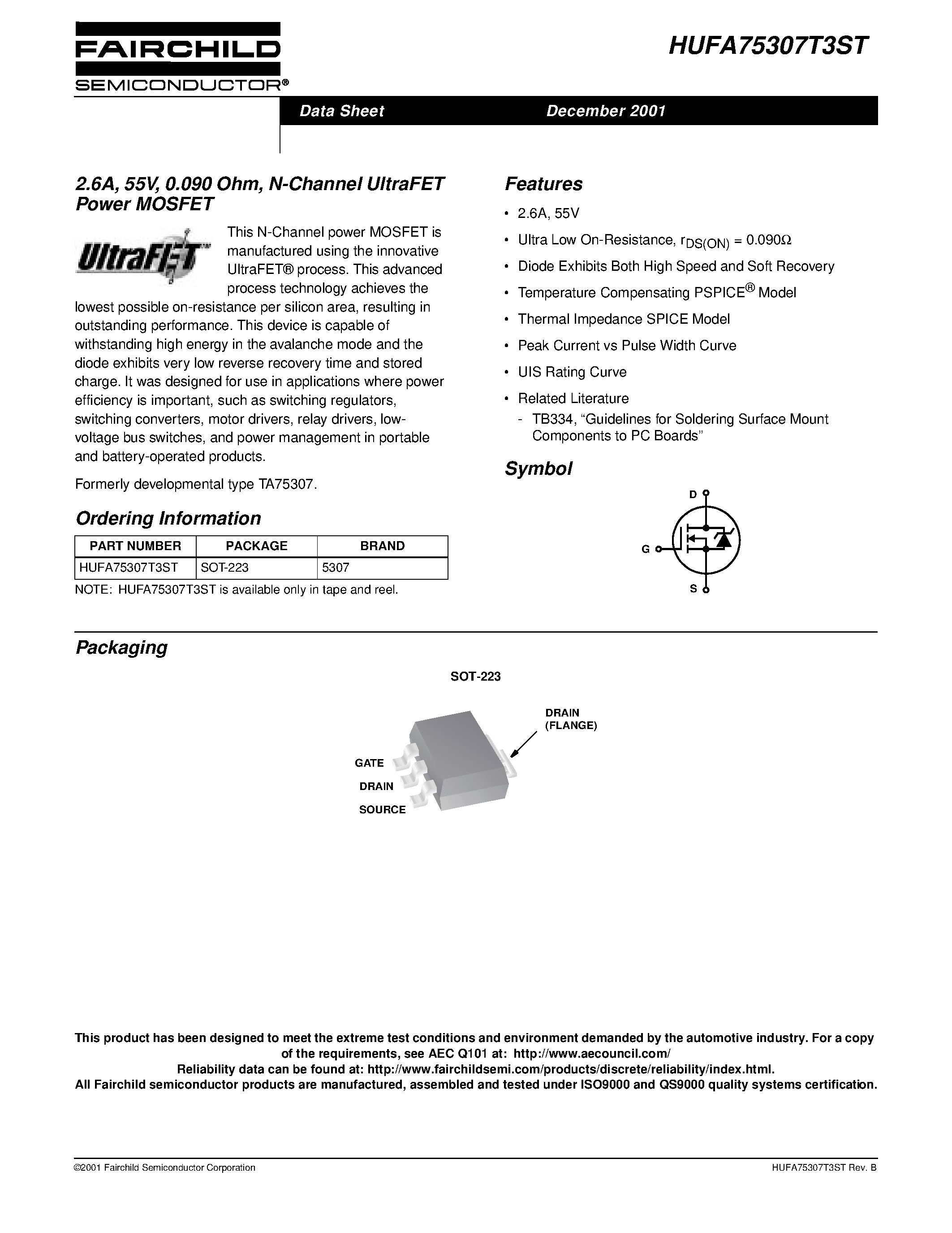 Даташит HUFA75307T3ST - 2.6A/ 55V/ 0.090 Ohm/ N-Channel UltraFET Power MOSFET страница 1