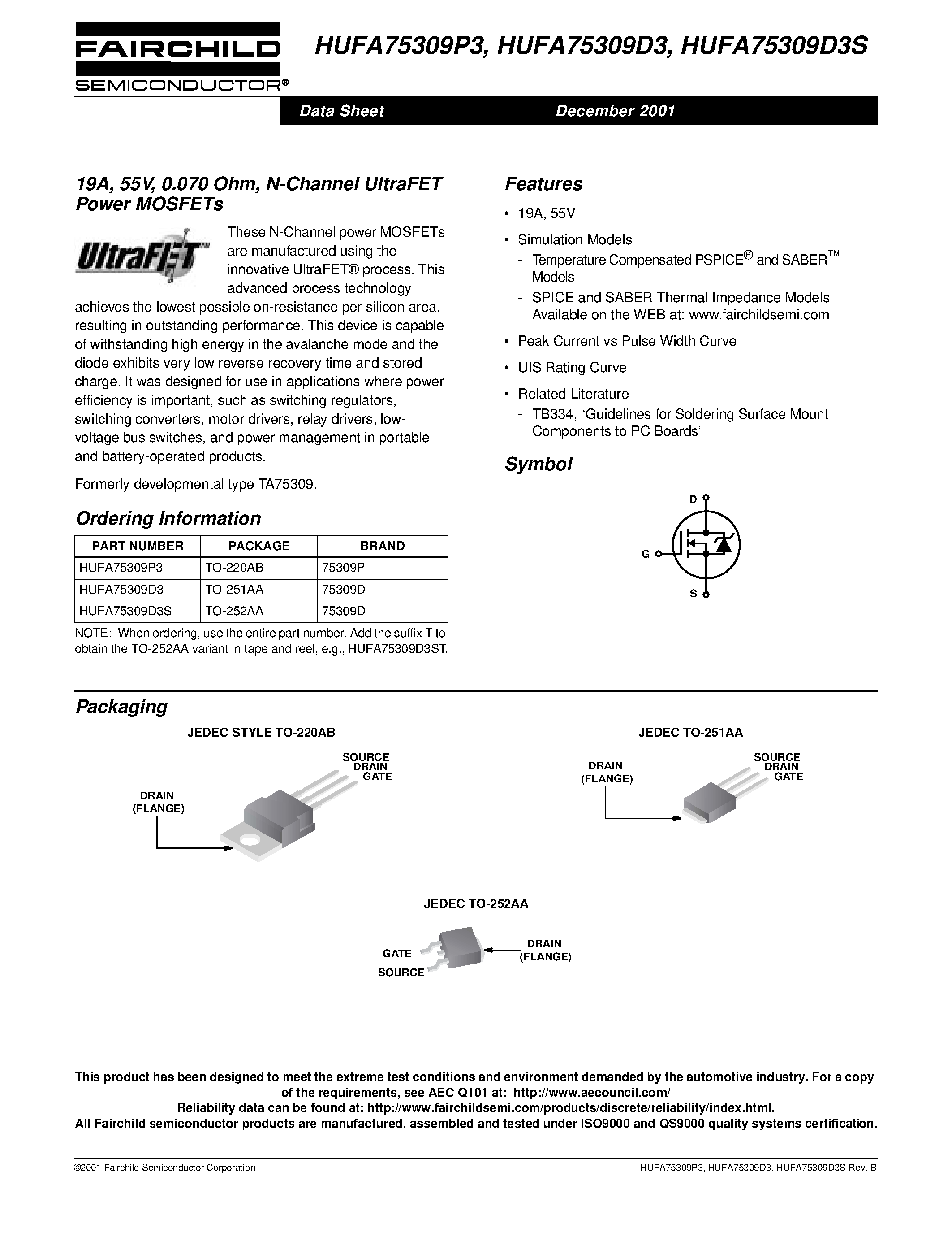 Datasheet HUFA75309D3 - 19A/ 55V/ 0.070 Ohm/ N-Channel UltraFET Power MOSFETs page 1
