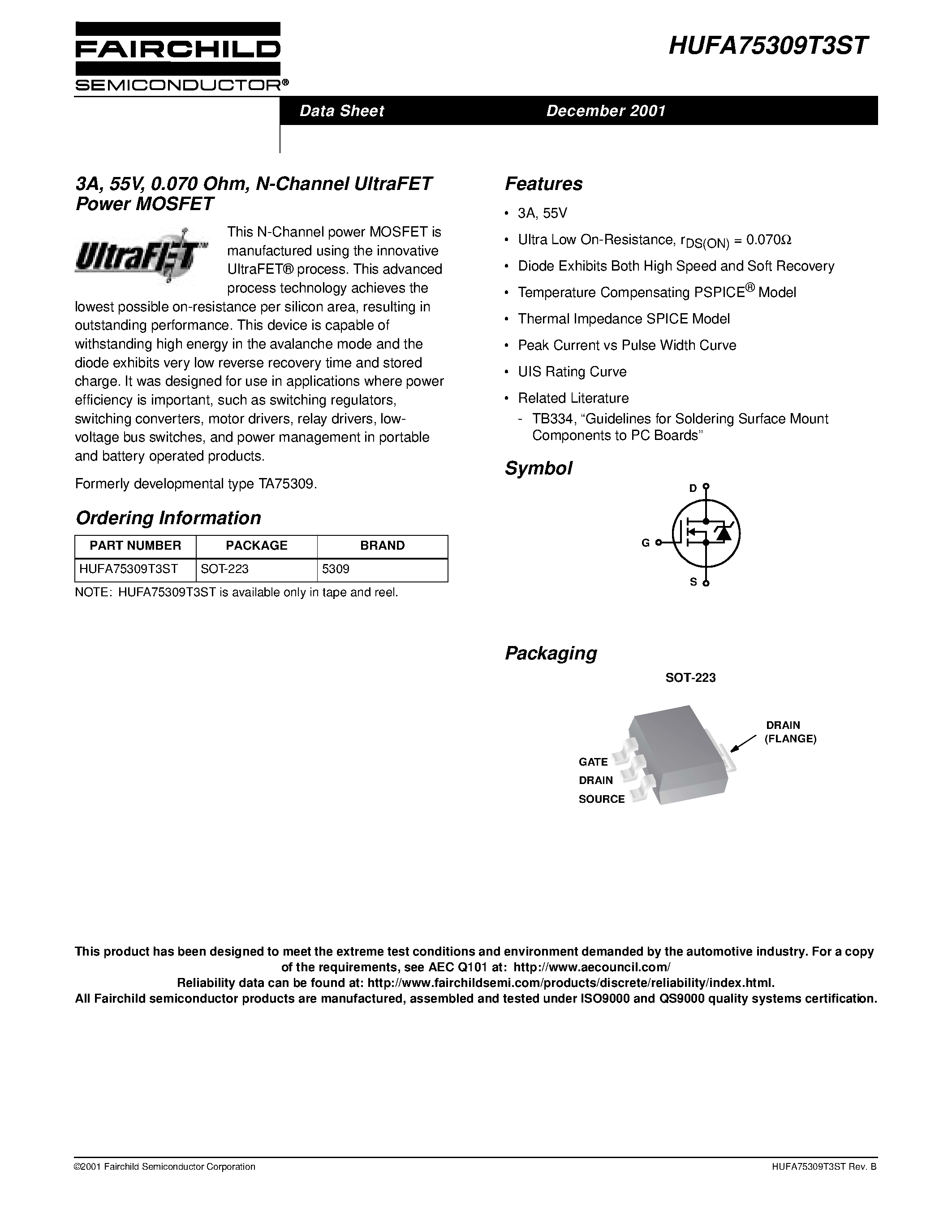 Datasheet HUFA75309T3ST - 3A/ 55V/ 0.070 Ohm/ N-Channel UltraFET Power MOSFET page 1