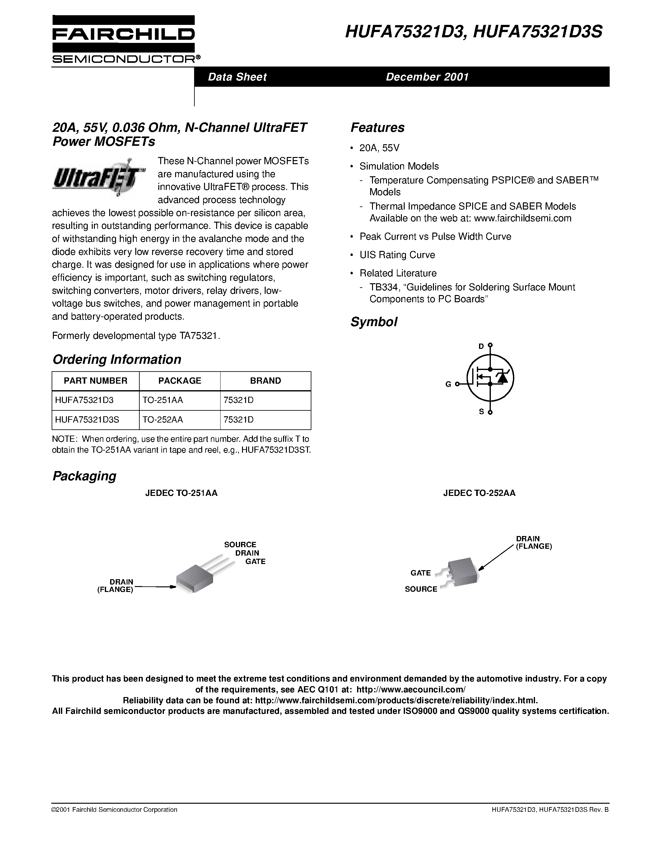 Даташит HUFA75321D3 - 20A/ 55V/ 0.036 Ohm/ N-Channel UltraFET Power MOSFETs страница 1