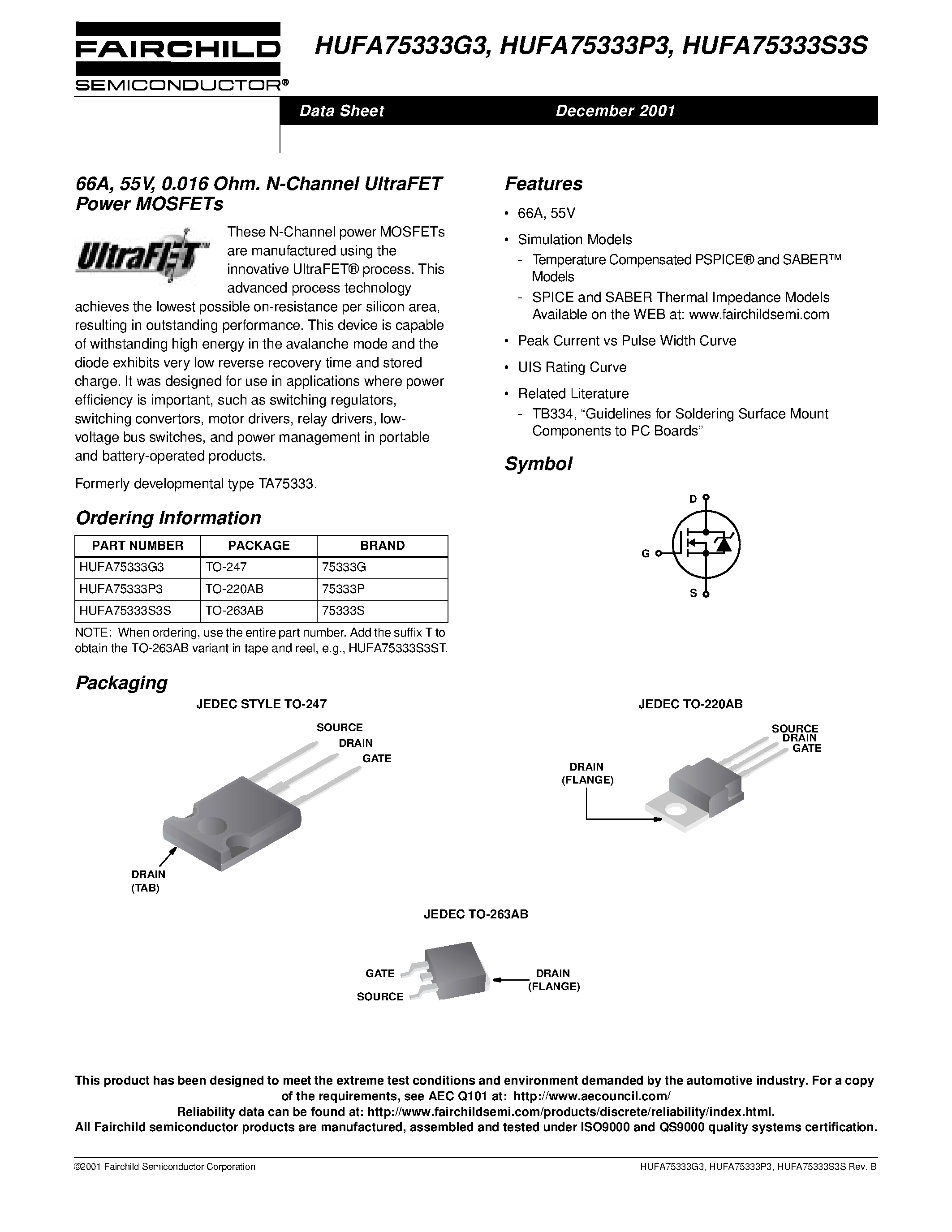 Даташит HUFA75337P3 - 75A/ 55V/ 0.014 Ohm/ N-Channel UltraFET Power MOSFETs страница 1