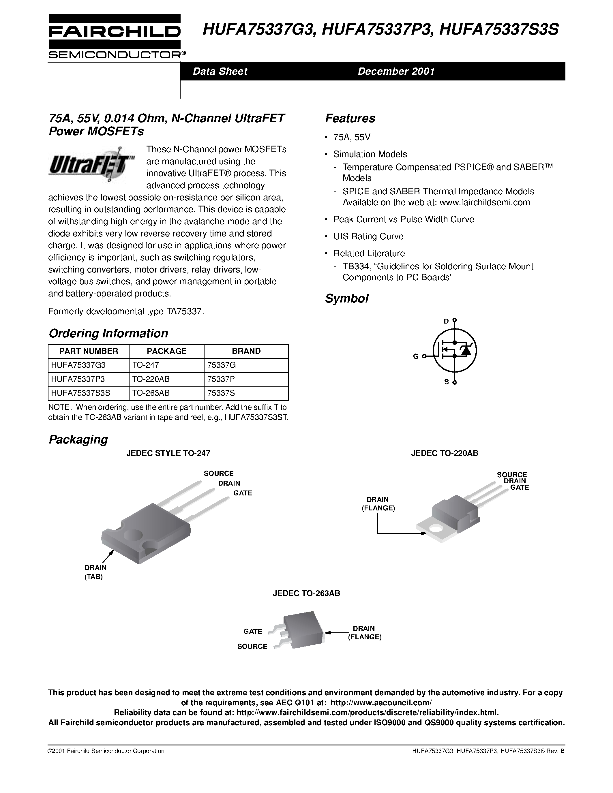 Даташит HUFA75339G3 - 75A/ 55V/ 0.012 Ohm/ N-Channel UltraFET Power MOSFETs страница 1