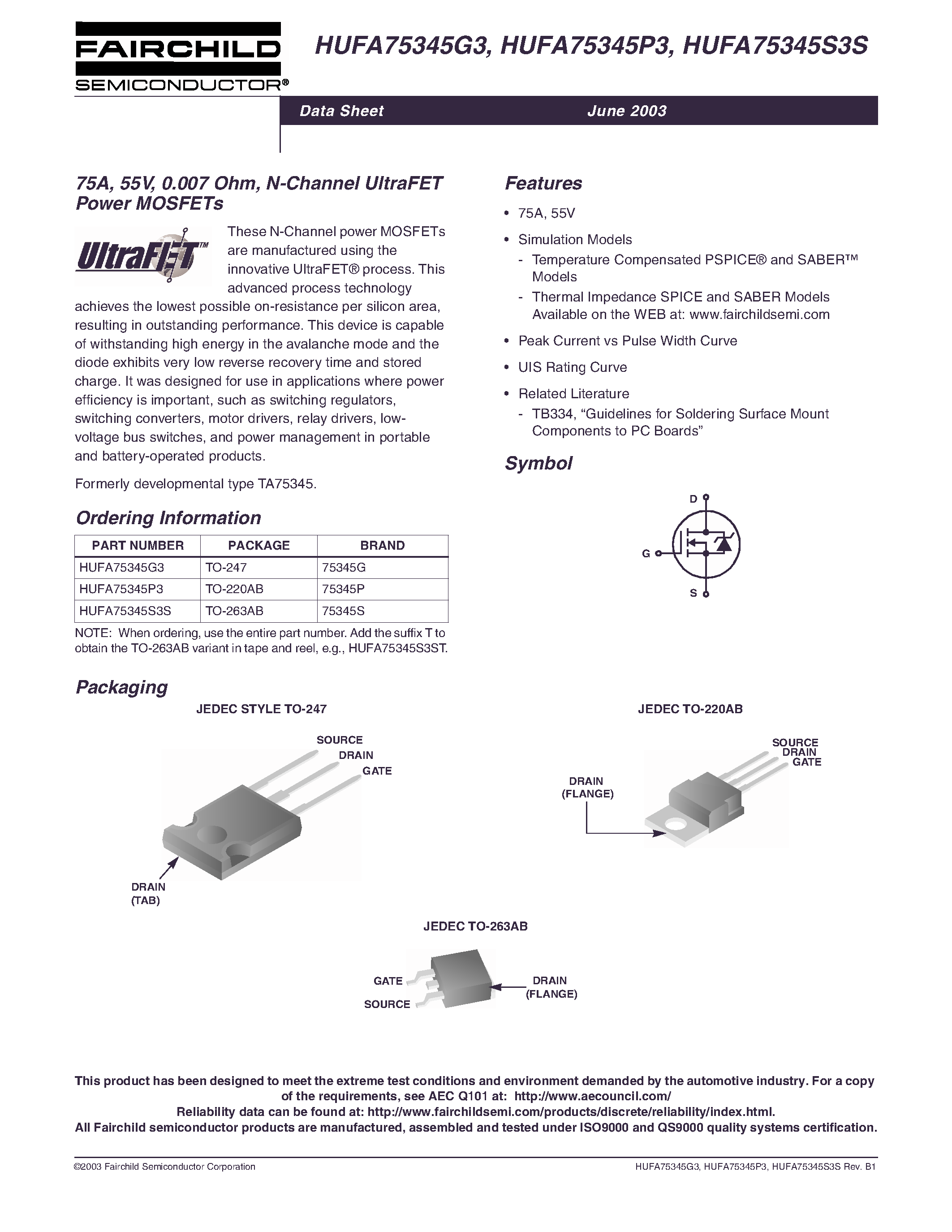 Даташит HUFA75345G3 - 75A/ 55V/ 0.007 Ohm/ N-Channel UltraFET Power MOSFETs страница 1